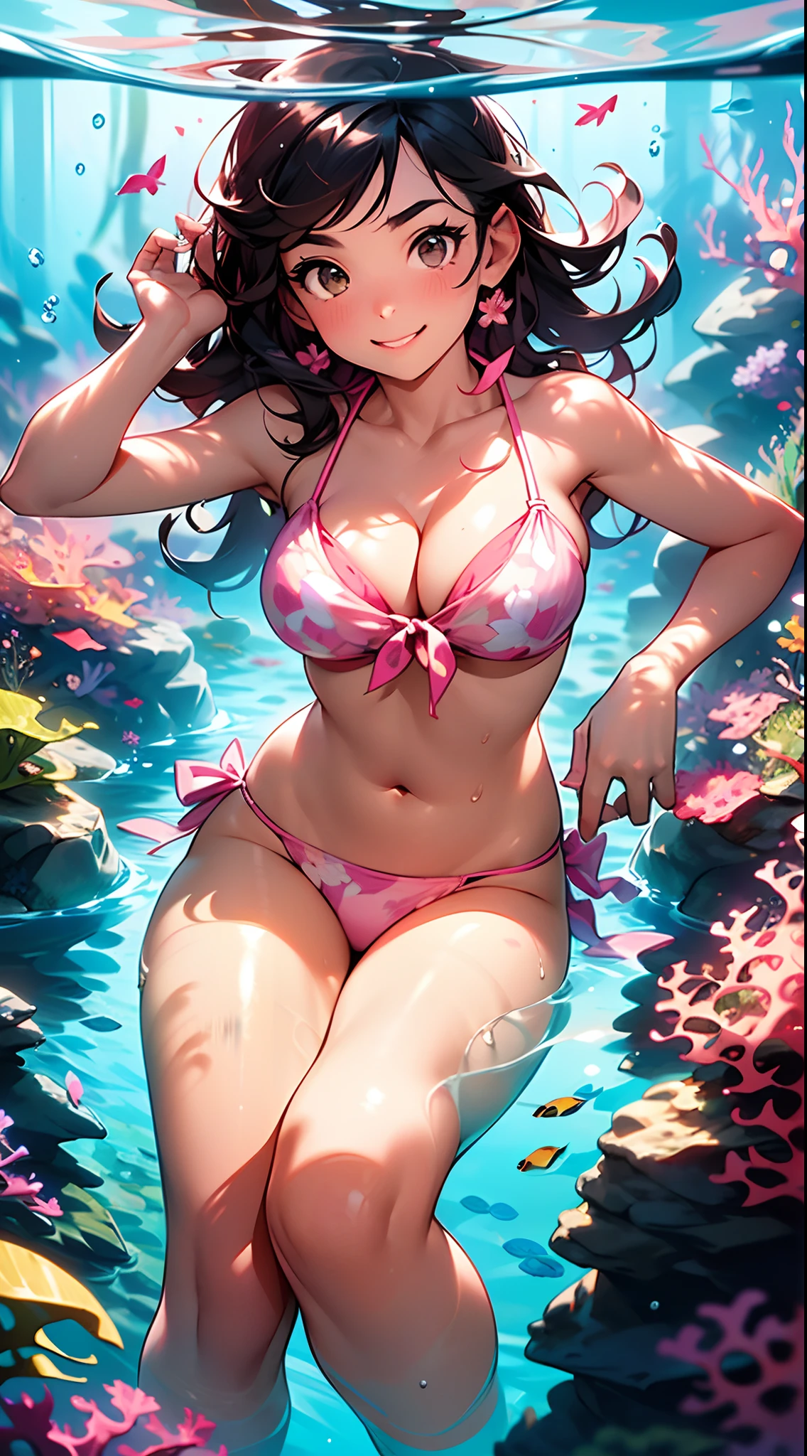 foreshortening, depth of field, masterpiece, best quality, 1girl, black hair, dark brown eyes, gentle eyebrows, persian girl, long messy hair, olive skin, ((underwater)), air bubble, solo, looking at viewer, ((floral pink white bikini)), (((swimming))), dappled sunlight, gentle smile, big breasts , cleavage