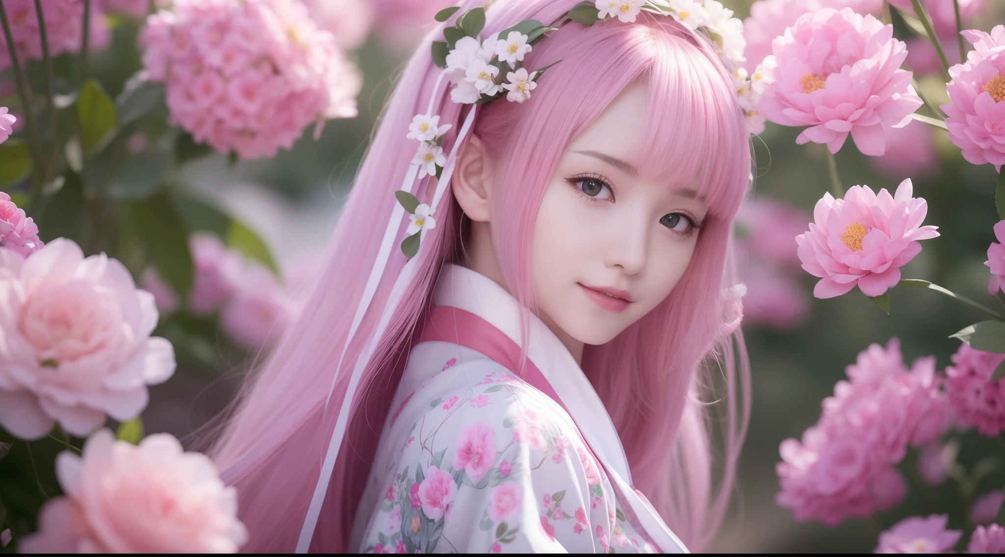 Extremely Detailed CG Unity 8k wallpaper，optimal lighting，super-detailed，best qality，Hi-Res，National style girl，pastel light，beautiful hair，Pink and white Hanfu costume，Open space，white silk，Bright Colors，He smiled，Stand in a sea of flowers