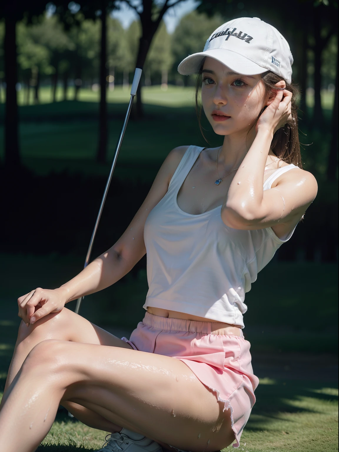 1girl solo, beautiful, (8K, Raw photo, Best Quality:1.2), (Realistic, Photorealsitic:1.37), Ultra-detailed, professional golf player, in golf field, pale white skin, shiny skin, wet skin, sweating, pony tail hair, wet hair, wet body, big boobs, deep cleavage, nipple poke, booty, deep camel toe, long legs, (white cap, wet soaked white thin bra, mini pink layered skirt, wet soaked white thin thong, white sneakers), (Detailed beautiful face), (Detailed realistic skin), seducimng, confident,knees on ground, spread legs, camel toe, close up on face,
(8K, Best Quality, mastepiece:1.2), ( Photorealsitic:1.37), Ultra-detailed,Best Quality, high resolution, Professional Lighting,Physically-based rendering, photo realistic, dynamic lighting, artstation, poster, volumetric lighting, very detailed faces, 4 k, award winning, vivid lighting, dynamic shot, girl in Golf Competition Venue, depth of fields, Sharp Focus,