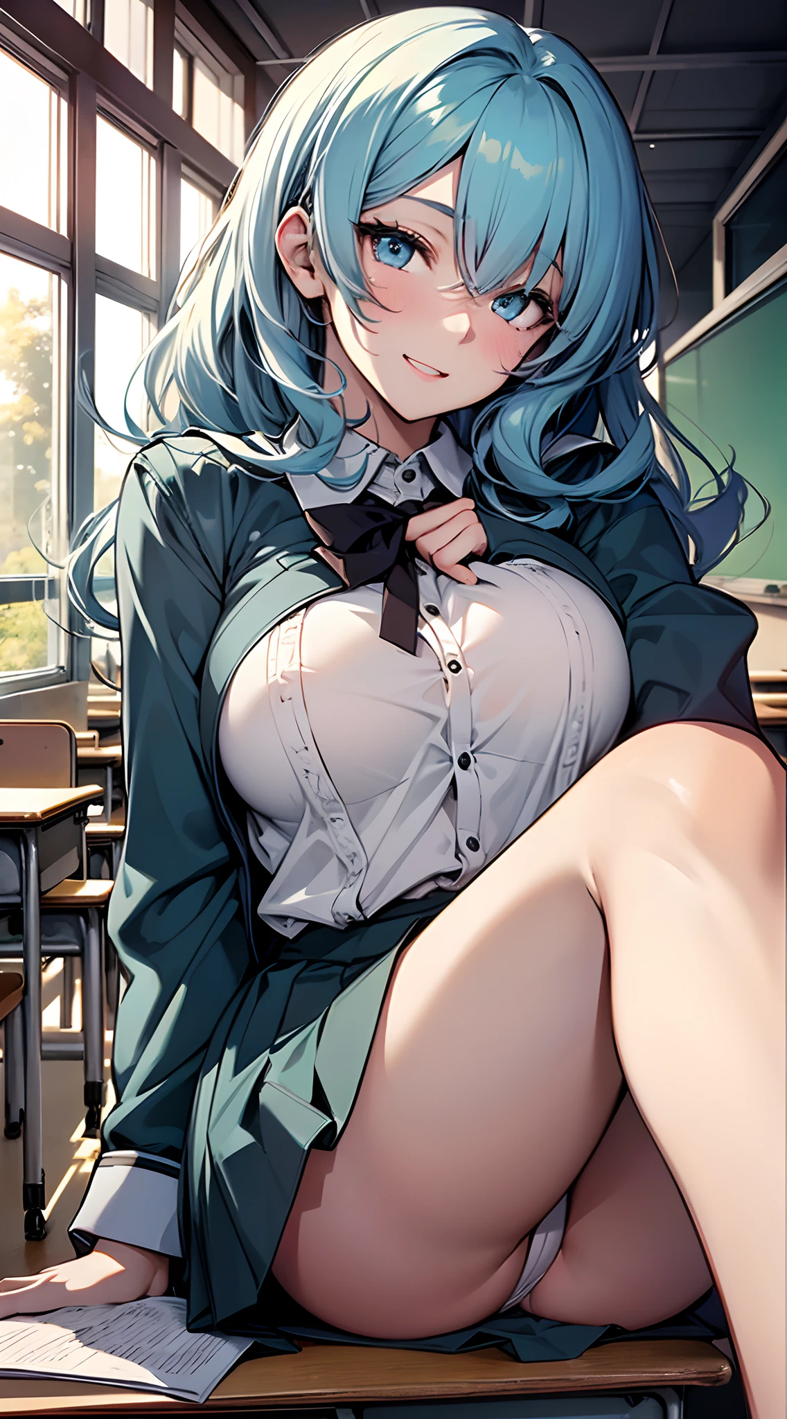 top-quality、supreme1People Girls,hightquality,A detailed face、A detailed eye、Detailed nose、Detailed mouth、 Beautiful expression, ((masuter piece)), ((High resolution)), ((Best Quality)), detail, (NSFW ,cum faced、Excited face.Very happy,), ((Lustrous skin)), (shool uniform:1.3)、 girl with, lightblue hair, (Straight、Bangs Patsun)、Sit with your legs open:1.5、fair white skin:1.3、、Colossal tits, cinmatic lighting, perfectly shaded,(((Classroom))), Realistic lighting with shades,