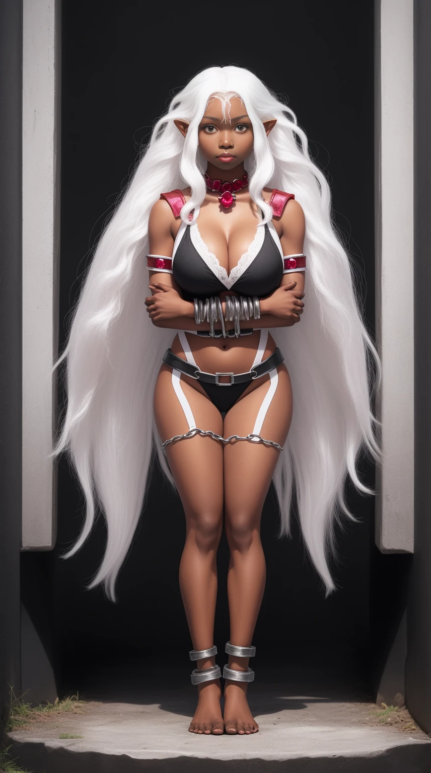 full body standing symmetrical barefeet ((black skin elf girl))), (((red ruby eyes))), (((long white hair))), (((breasts:1.2))), (((solo))), shackles on legs and arms together
