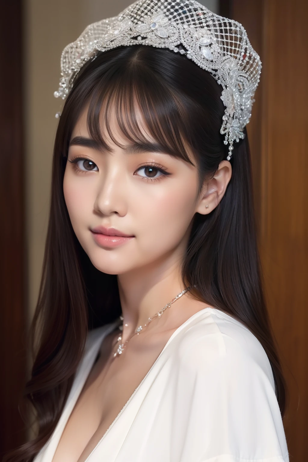 Full body, standing, wedding dress, tiara, choker, cleavage exposure, upward looking, smile, 1 Japan woman, 25 years old, chapel, realistic lighting, backlight, face light, ray racing, 32K, (photo realistic: 2), (hyperrealistic: 1.4), (real: 1.3), (smoother lighting: 1.05), (improved lighting quality of movies: 0.9), ( Light to brighten: 1.2), (Increase Quality: 1.4), (Top Quality Real Textured Skin: 1.4), (Body Line Mood Up: 1.1), (Skin Texture Beauty Up: 1.1), Fine Eyes, Fine Face, Fine Quality Eyes, Fine Quality Fingers, Focus Out Background