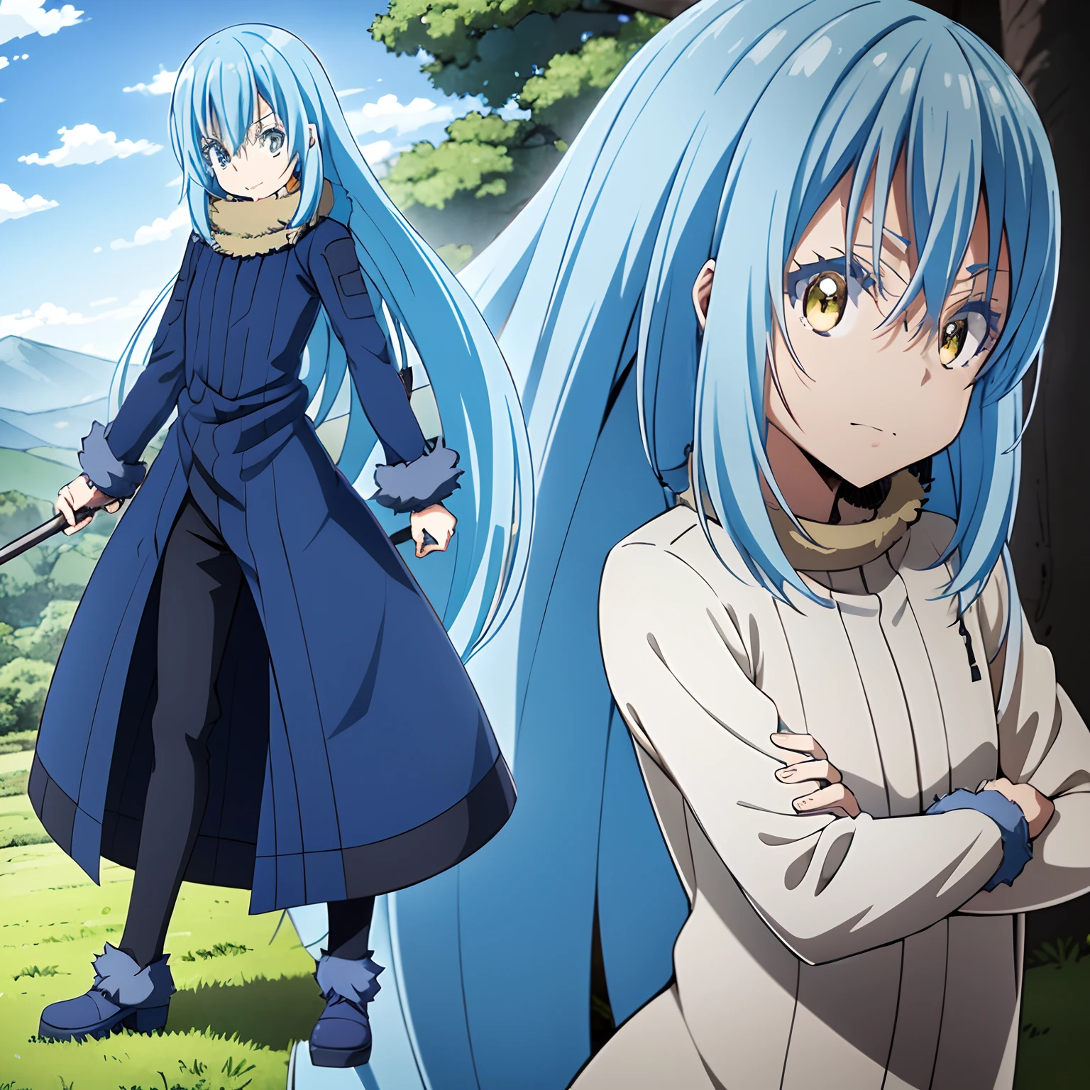 masuter piece, Best Quality, 超A high resolution, top-quality, Anime style, tensura, rimuru, Blue-haired, beautiful countenance, free pose, (One Person:1.3), Upper body, forested background, Pharma Muffler