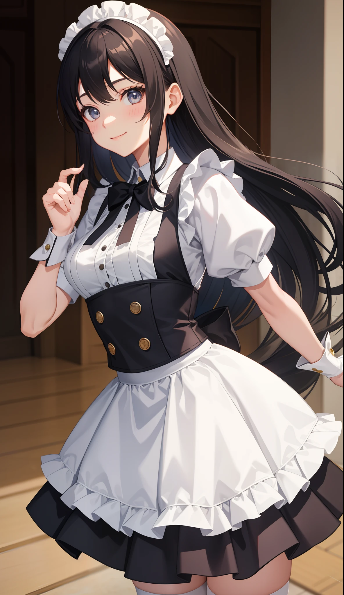 there is a woman in a Maid outfit posing for a picture, Maid! dress, Maid outfit, Twin tails white_gloves, japanese Maid cafe, , wearing Maid uniform, gorgeous Maid, anime girl in a Maid costume, Maid, Wearing Atsuko Kudo's latex costume, Maid costume