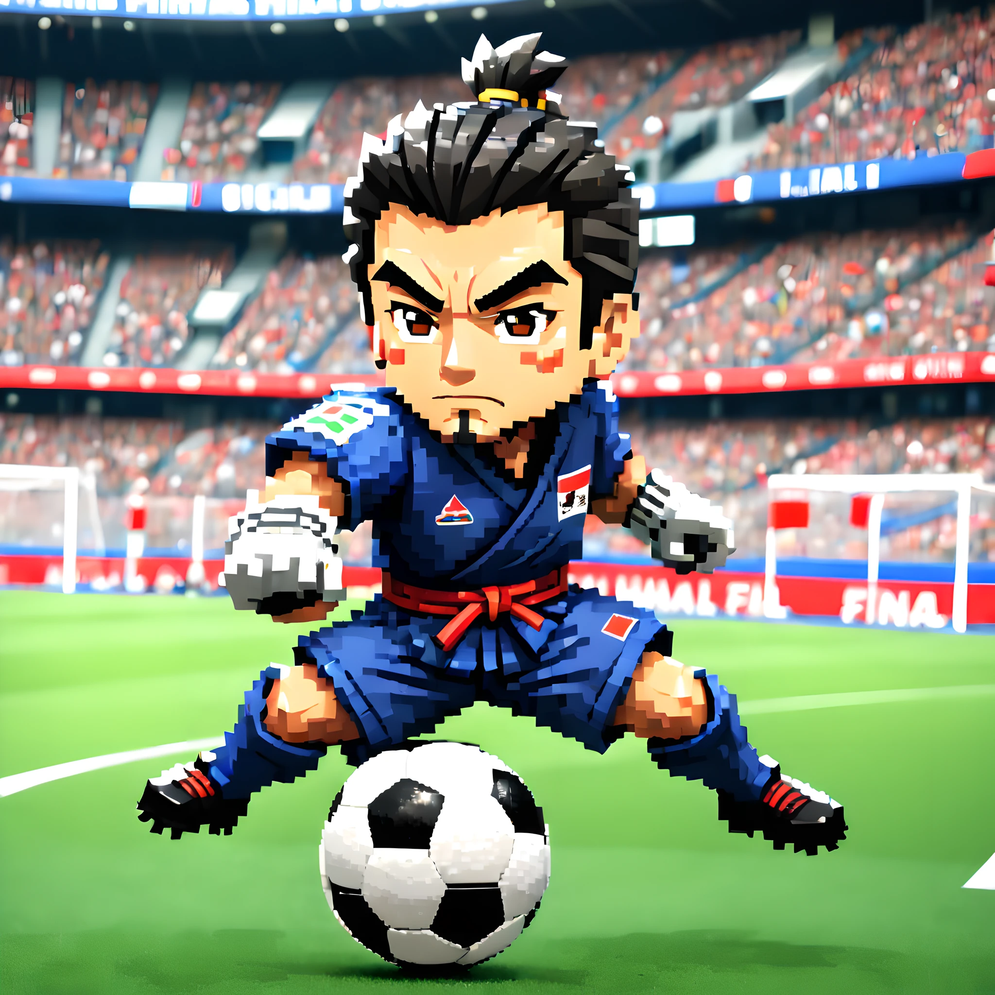 (Pixel art:1.5), (pixel theme:1.5), (chibi emote:1.5), (chibi character:1.5), (japanese game character:1.5), (fantasy:1.5), (1japanse samurai:1.5), (Toshiro Mifune:1.5), (playing soccer:1.5), (soccer stadium:1.5), (world cup final:1.5), (kicking soceer ball:1.5),(half line:1.5),(japan:1.5), (1soccer_ball:1.5),dynamic,(goal scene:1.5),