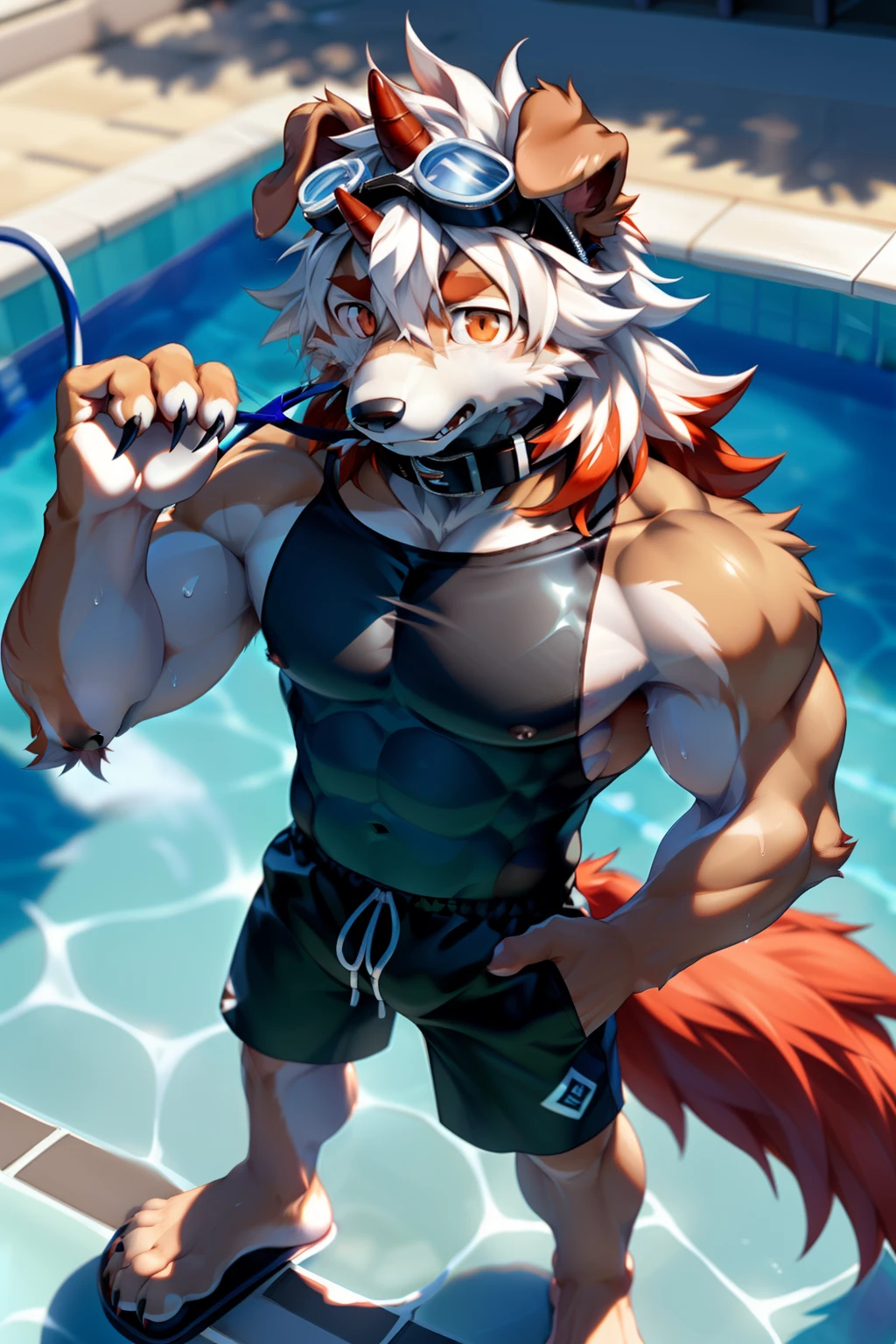 (by Hioshiru, by null-ghost, By personalami, by Honovy, by thebigslick, author：Feinhertz), Male, Solo, domestic dog，Doggy, Red horns, floppy ears, clawed paws, view the viewer，beside swimming pool，Sexy，The upper part of the body，lowerbody，（Sweat：1.9），gasps，upper legs，small thighs，white legwear，〈Have a strong figure〉，opens his eyes wide，A collar is worn around his neck，Dog leash，Be red in the face，Desire for dissatisfaction，the shy，gentle，Temptation of the，intoxicated，gasps，Eyes are focused，sideface，Keep your eyes wide open，Heads-up，Tall and strong，Fluffy tail，Orange tail，Masterpiece, Best quality, offcial art, Extremely detailed Cg Unity 8K wallpaper, Ultra-detailed, Best Illustration, Best shadow, Perfect lighting, bellow (/arknight/), White fur, Furry male, Dog boy, Furry, Two-tone fur, 1boys, multicolored hair, Male focus, Horns, Striped hair, Dog ears, Animal ears, single horn, Brown fur, bangs, Orange hair, White hair, Medium hair, Orange eyes, Black pupils，Solo,Muscle men，Blue swimsuit，Black swimming trunks，whitestocking，sideface，Barefoot，standing on your feet，The erection，nipple bump，full bodyesbian，In the warm-up，Swimming goggles，Hair is supple，Raise your hands high，Flip-flops，Close your left eye