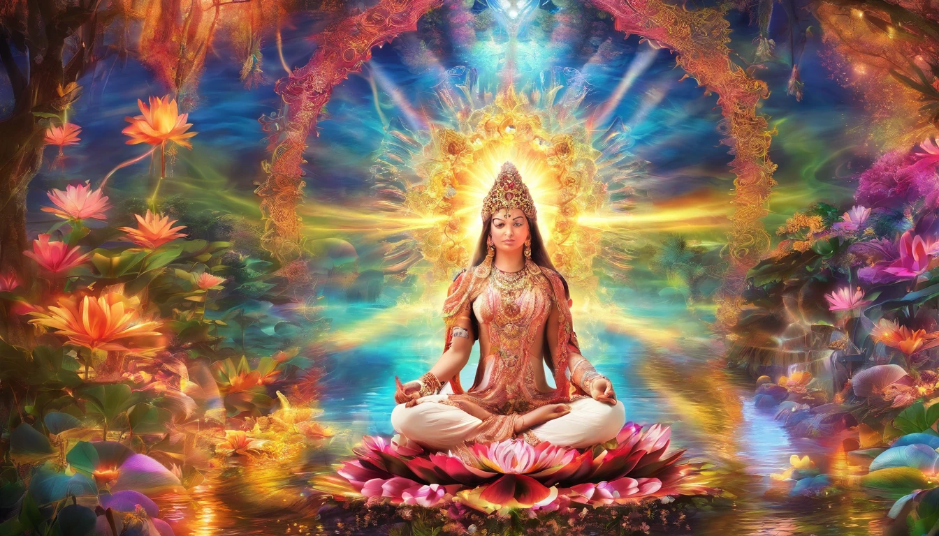 Yoga position light spectrum with the seven chakras around, vibrante colorsa colorslashh An explosion of colors, Beautiful woman in white sitting on water lilies, complex stuff around, intricate in the background, Spiritual, divine, dreamlike, cosmic, mind blowing, god, pineal gland, dream like, (extremely detailed CG unity 16k wallpaper:1.1), (Denoising strength: 1.45), (tmasterpiece:1.37), hyper realistic, god rays, ray tracing, UHD, award winning