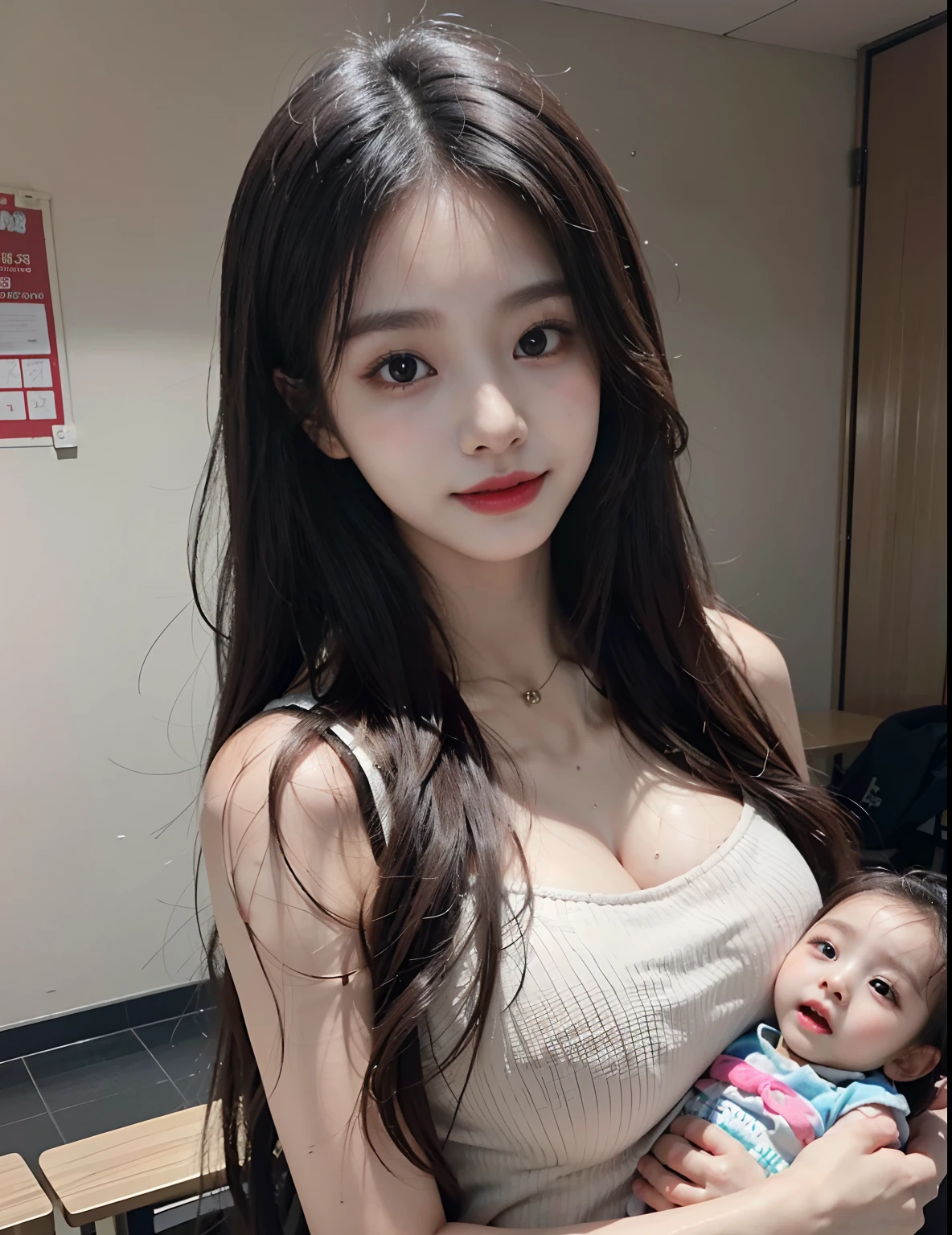 ((Best quality, 8K, Masterpiece :1.3)), full bodyesbian, A girl is soaked,A girl wear a tight and cute camisole,korean cute girl,Korean woman,Long legs, Focus,adolable,Cute, (1girl is beautiful,Chinese girl,adolable,Small face,she is heavy sweat,16 yaers old,(takino yumiko:1.0),korean beautifull girl,Perfect body beauty: 1.4, Slim abs: 1.1, ((Dark Brown super long Hair,Big breasts: 1.2)),(in kindergarten 1.2) Highly detailed face and skin texture, Detailed eyes, Double eyelids.Wet skin,Sweaty,she looks happy,elegant korean make up,playing with baby,wonyon face,kindergartners cap,look after babies,ichikawa miori,(she is holding a baby:1.2),(She cosplay to kids fashion:1.3)