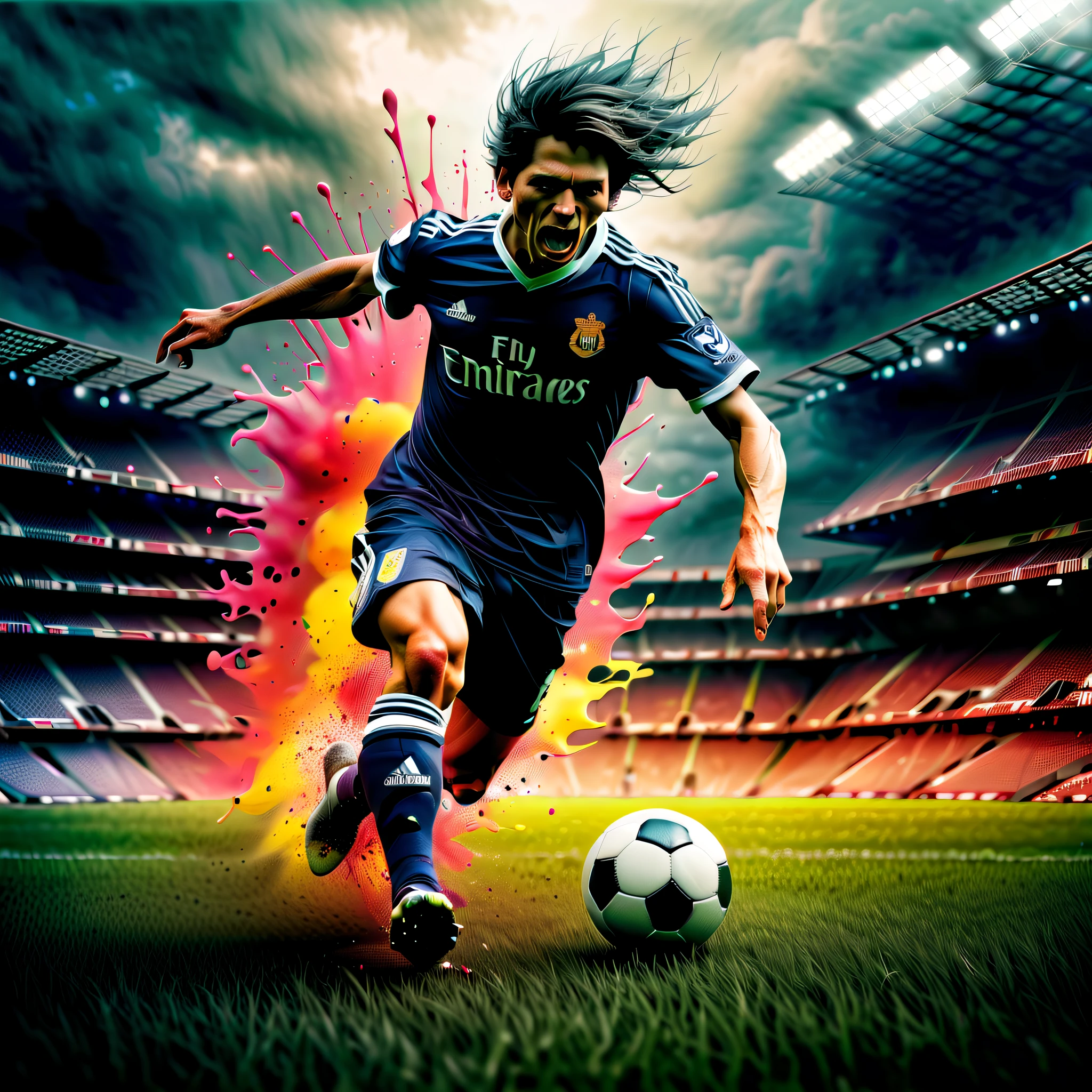 Play soccer chilling undead creature illustration, stunning airbrush and gel masterpiece, dark fantasy and rustic harmony, exudes an air of obscura vivid enchantment, breathtaking beauty, amazed incredible realism, realistic expertly crafted, intricate details and flawless quality, true work of art, ultimate in quality and resolution, high contrast sophistication masterpiece, stunningly detailed paintwork, delicate intricate paint strokes, ultra-realistic detail, (((depth and dimension to this masterpiece:1.3))), stunning extremely insane detail, (((masterful brushstrokes:1.3))),