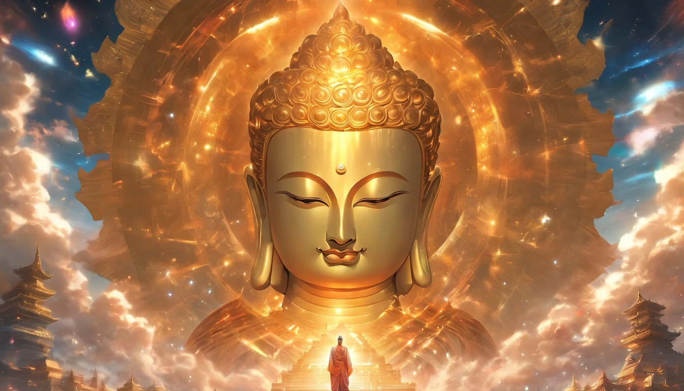 Interstellar，Endless space，The huge Maitreya Buddha statue rushed towards the huge space-time tunnel，Highly detailed portrait of a huge golden Buddha with the halo of the sun god，ssee-through，depth of fields，((Masterpiece))，(Best quality))，Magnificent space image scene，surrealism, Super detail, ccurate, Best quality, hyper HD, Masterpiece, Anatomically correct, A high resolution, 16k