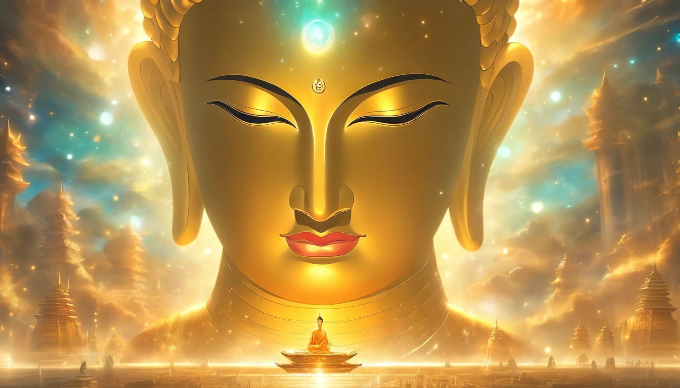 Interstellar,Endless space,The huge Maitreya Buddha statue rushed towards the huge space-time tunnel,Highly detailed portrait of a huge golden Buddha with the halo of the sun god,ssee-through,depth of fields,((Masterpiece)),(Best quality)),Magnificent space image scene,surrealism, Super detail, ccurate, Best quality, hyper HD, Masterpiece, Anatomically correct, A high resolution, 16k