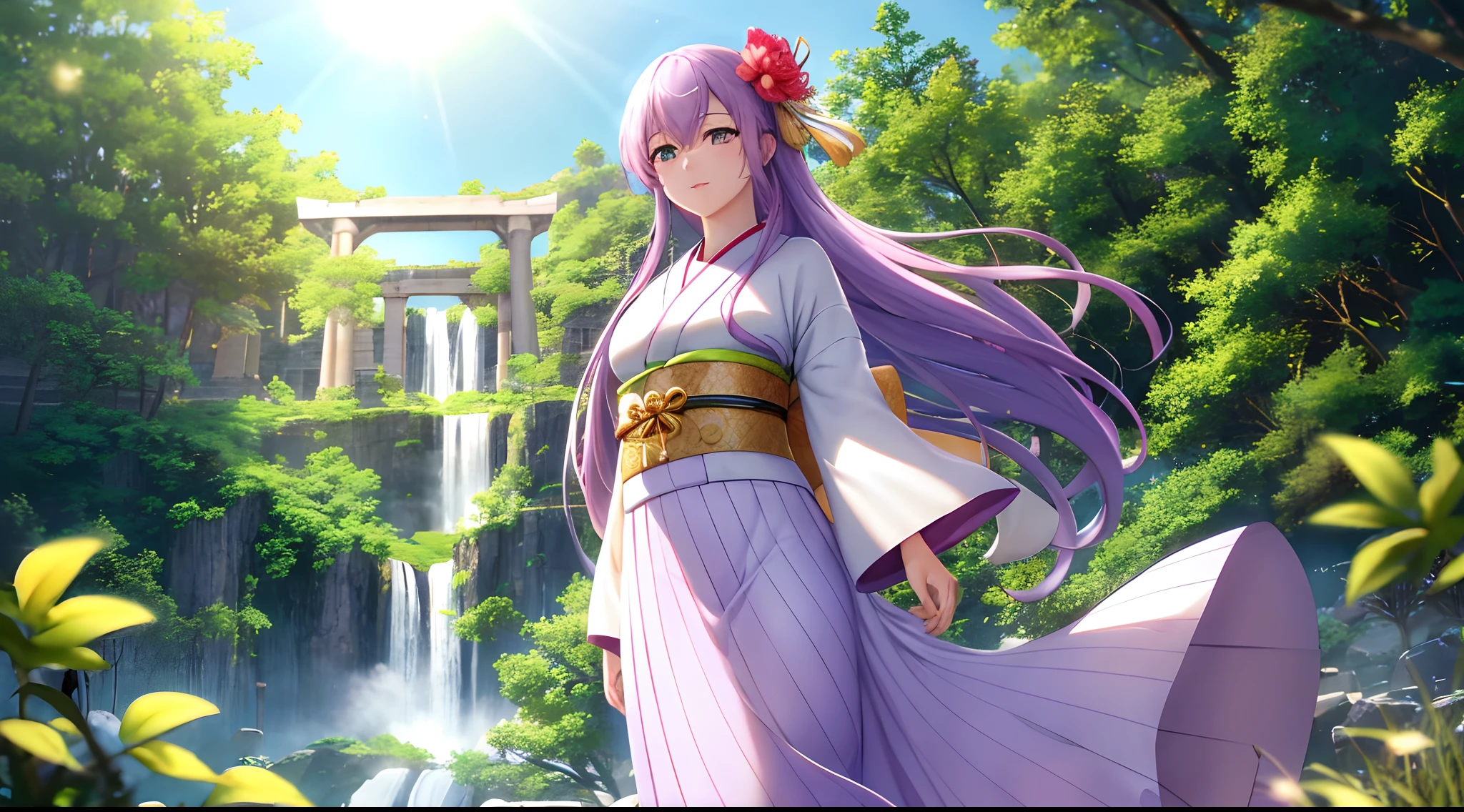 Athena with plain long light purple hair,hair between eyes,green eyes,rosy cheeks,full lips,thin eyebrows,slender body,wearing cosmic kimono and full long skirt,cute anime girl,full body,greek Acropolis waterfalls in background,anime style,extremely deep depth of field,Lumen Reflections,Screen Space Reflections,Diffraction Grading,Chromatic Aberration,GB Displacement,Scan Lines,Ray Traced,Anti-Aliasing,FXAA,TXAA,RTX,SSAO,Shaders,OpenGL-Shaders, GLSL-Shaders,Post Processing,Post-Production,cell Shading,Tone Mapping,CGI,VFX,SFX,insanely detailed and intricate, 4K,standing, solo, masterpiece, best quality, detailed face, detailed eyes, highres, standing, solo,masterpiece, best quality