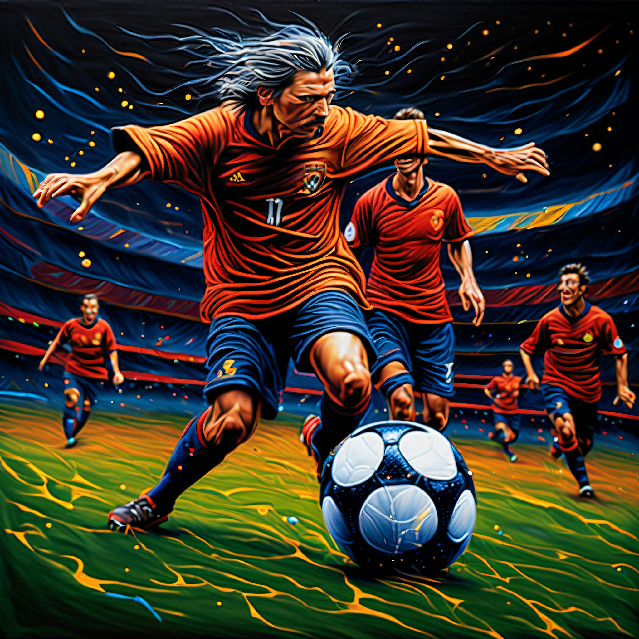 Play soccer sorcerer illustration, fountain-pen and gel masterpiece, dark fantasy and rustic harmony, exudes an air of obscura vivid enchantment, breathtaking beauty, amazed incredible realism, realistic expertly crafted, intricate details and flawless quality, true work of art, ultimate in quality and resolution, high contrast sophistication masterpiece, stunningly detailed paintwork, delicate intricate paint strokes, ultra-realistic detail, (((depth and dimension to this masterpiece:1.3))), stunning extremely insane detail, masterful brushstrokes,