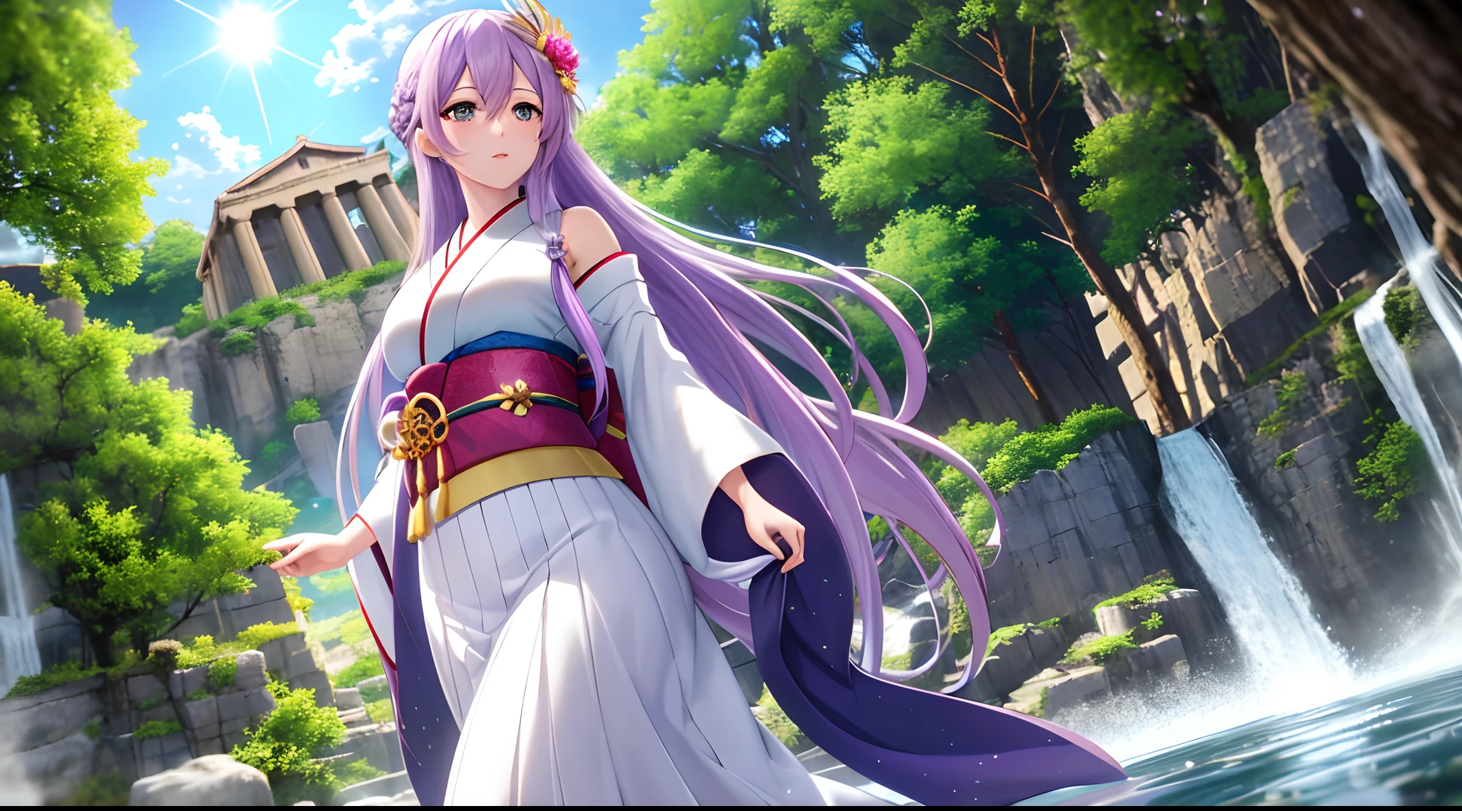 Athena with plain long light purple hair,hair between eyes,green eyes,rosy cheeks,full lips,thin eyebrows,slender body,wearing cosmic kimono and full long skirt,cute anime girl,full body,greek Acropolis waterfalls in background,anime style,extremely deep depth of field,Lumen Reflections,Screen Space Reflections,Diffraction Grading,Chromatic Aberration,GB Displacement,Scan Lines,Ray Traced,Anti-Aliasing,FXAA,TXAA,RTX,SSAO,Shaders,OpenGL-Shaders, GLSL-Shaders,Post Processing,Post-Production,cell Shading,Tone Mapping,CGI,VFX,SFX,insanely detailed and intricate, 4K,standing, solo, masterpiece, best quality, detailed face, detailed eyes, highres, standing, solo,masterpiece, best quality