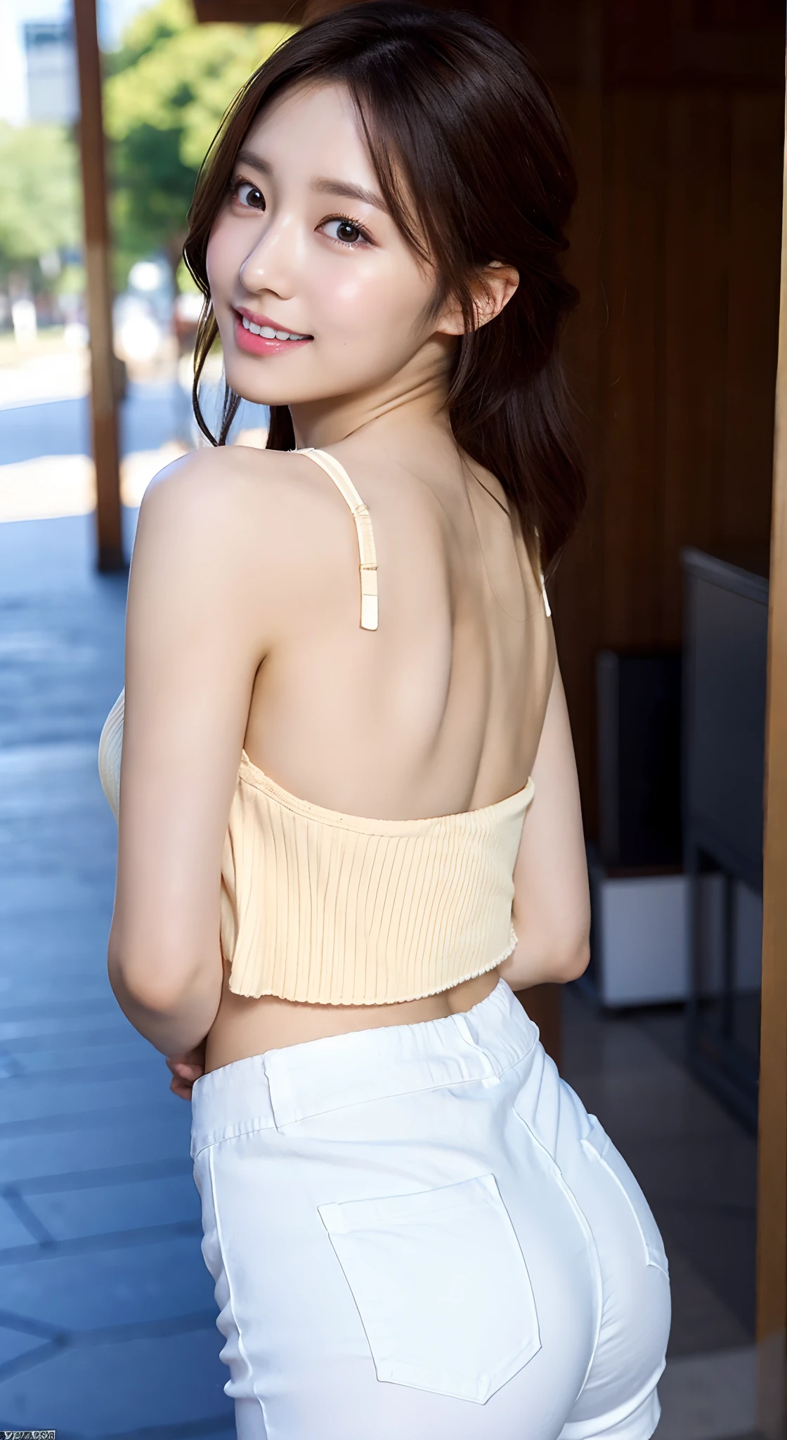 1 Female actress, Solo, (16K, masutepiece, Raw photo, Best Quality,Realistic, Photorealsitic, Detailed skin:1.2),Extremely beautiful face, Seductive smile, Looking at Viewer, happy smaile,  model posing,  (Photorealsitic:1.4)、octane renderings、Complex 3D rendering ultra detail, Studio Soft Light, Rim Lights, vibrant detail, super detailing, realistic skin textures, Detail Face, Beautiful detail eyes, Very detailed CG Unity 16k wallpaper, make - up,BREAK　((( back viewing with looking back,)))　BREAK White Slacks, sleeveless rib-knit, Tuck in one's shirt, BREAK at park,