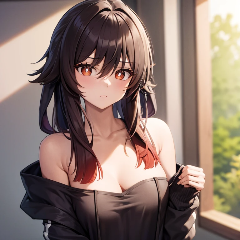 HuTaoV4,1girl,solo,long hair, off shoulder, collar bone, cleavage, look at viewer, perfect fingers, armpit peek, jacket, sstt pose