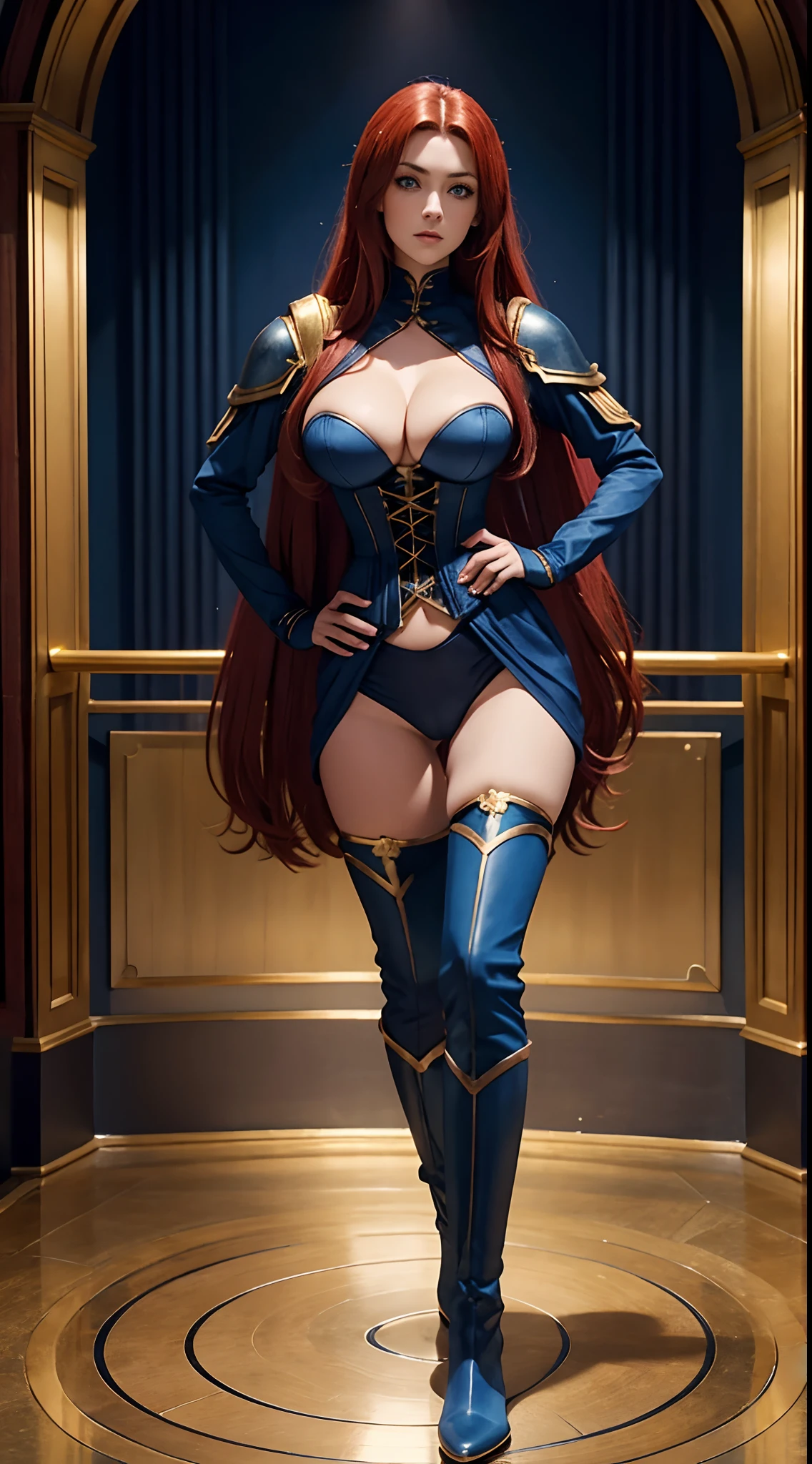 woman, red long hair, blue eyes, dark leahter blue outfit with shoulder pad, golden stripes, cleavage, big boobs, dark blue body corset, tight blue long panyhose, gold boots, potrayed by ponrst