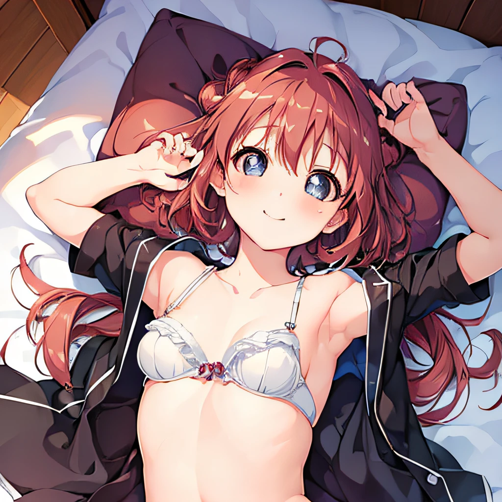 ((masterpiece)), ((best quality)), (ultra-detailed), anime style, look down from above, on the bed, a cute girl, 1girl, solo, underwear00, ((beautiful eyes)), smile