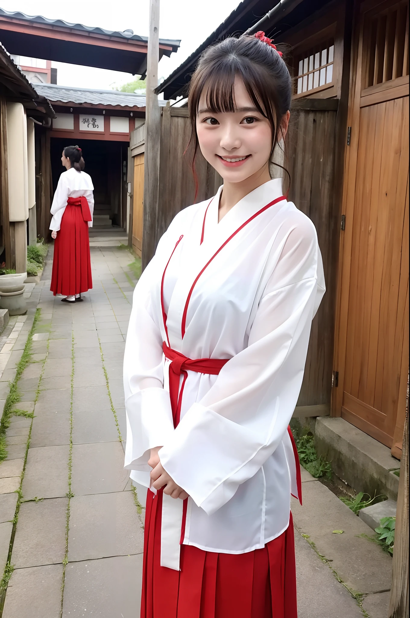 girls in old-Japanese town,long sleeved sheer white hakama top and red hakama bottom,hair red string bow,18-year-old,bangs,a little smiles,knees,from below