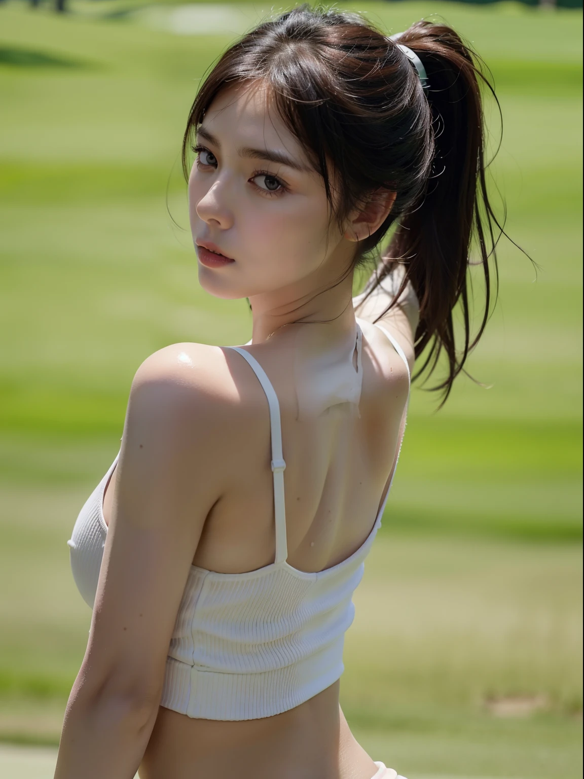 Neat college girl, petite person, (long white camisole, white panties), outside the athletic field, (slim, small, flat, small), photorealistic, detail, skin texture, ultra detail, delicate and sexy collarbone, troubled expression, troubled face, super detailed face, detailed lips, detailed eyes, double eyelids, all fours, sexy pose