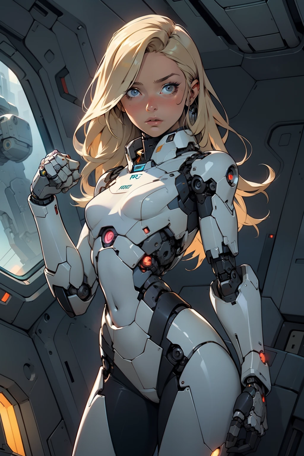 high quality, 4k, masterpiece, beautiful, cyborg girl, cowboy shot, dull eyes, looking at viewer, long blonde hair, girl, small breasts, fit thigh, robotic arms, robotic body, cyborg body, intricate detail, joint, detailed lines, robotic detail, holding fist up, holding hand up as fist, color robotic parts, robotic parts with color, perfect fingers, inside a spaceship