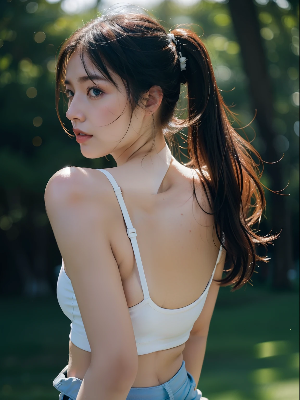 (8ก, RAW photos, Highest quality, Masterpiece:1.2), Superb details, Ultra high resolution, (realistic, realistic:1.37) , High-resolution RAW color photography, professional photos, Very delicate and beautiful, very detailed, 8a Wallpaper , (Beautiful and detailed eyes:1.1),(Beautifully detailed face:1.1),Anatomically correct shape , Fine and beautiful skin,skin texture , looking at camera , (Take the whole body:1.1),natural light , 1 person , woman , Japan , 20 years old , Bust Cup , Thin waist , , shiny hair , (Twintail , brown:1.1) , shy smile ,(good top:1.2) , ,( กางเกงใน Tback:1.2) , ,, sexy pose ,emphasizes cleavage, Nipple erection , , , Sharp focus , (evening,The background is a realistic street corner.:1.3),(from behind1.1)