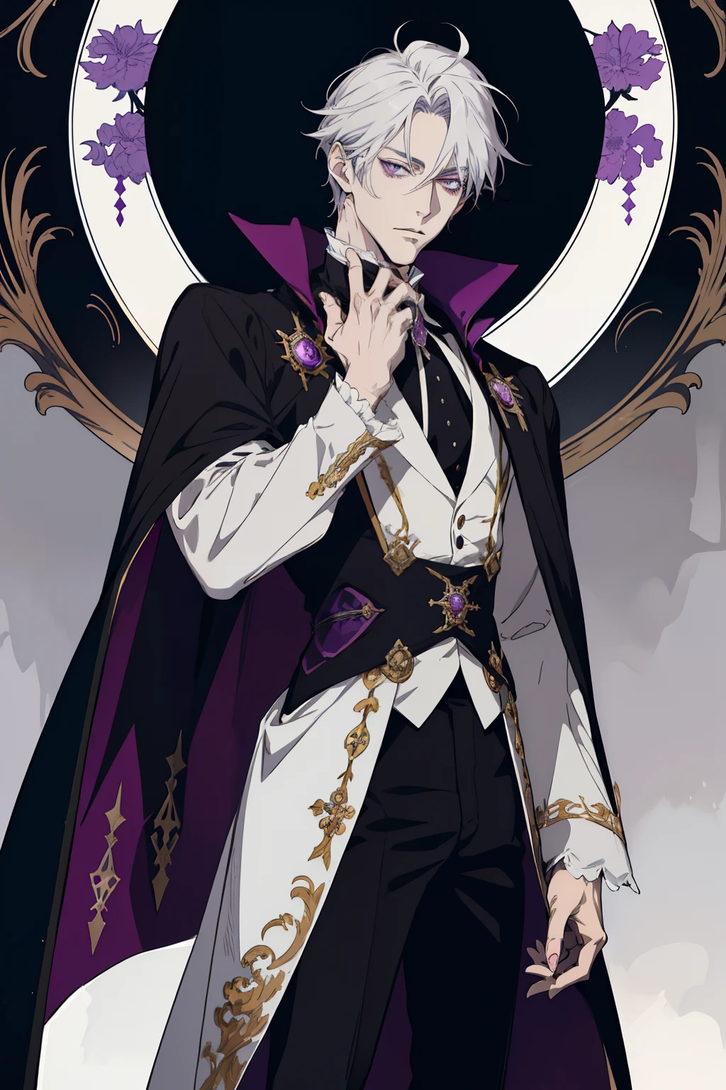 anime drawing of a man Regal Victorian era style clothing masculine white hair anime guy black cape purple eyes, 2 d anime style, male anime style, male anime character, anime style character, delicate androgynous prince, in an anime style, he has dark grey hairs, beautiful androgynous prince, handsome anime pose, vector shaded anime, full detailed beautiful