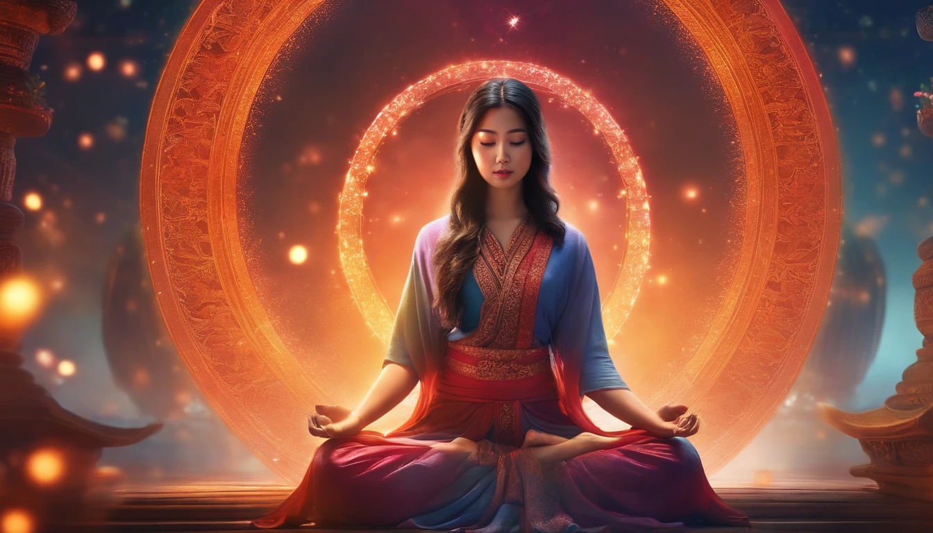 An Asian girl,Meditate cross-legged, at centre,Very bright colors, Light particles, with light glowing, Mshiv, wallpaper art, UHD wallpaper