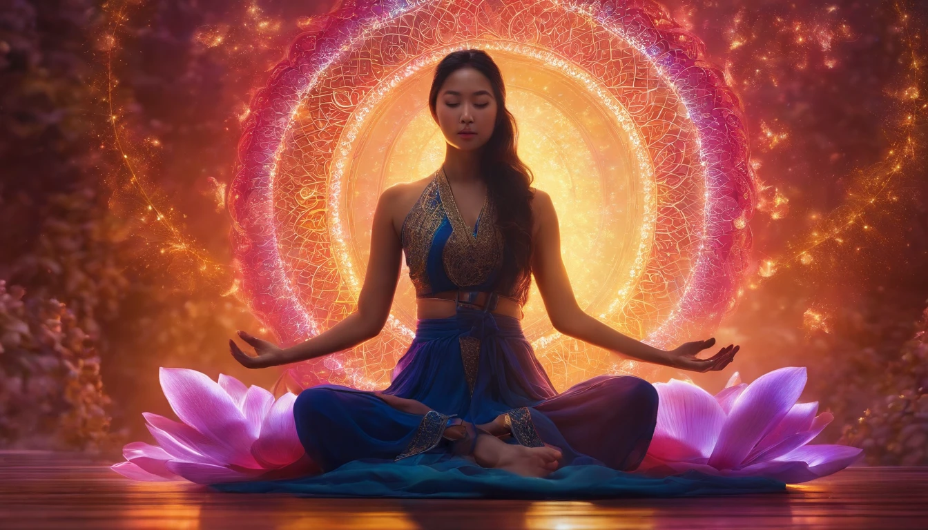 An Asian girl,Meditate cross-legged, at centre,Very bright colors, Light particles, with light glowing, Mshiv, wallpaper art, UHD wallpaper