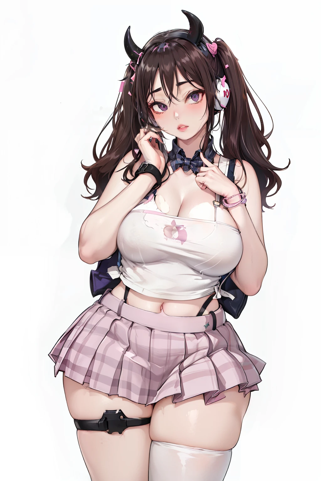 masterpiece, best quality, highres, chromic aberration, light purple eyes, wide hips, thick thighs, sleeveless, midriff, light brown hair, cleavage, long hair, twin tails, asymmetrical bangs, streaky hair, pink shirt, black thighhighs, micro skirt, seductive pose, plaid skirt, ribbon, huge breasts, bowtie, indoors, cowboy shot, garter belt, realistic, thick lips, looking at viewer, thick thighs, jirai kei, window, plant, headphones, (succubus horns), necklaces, ear piercings, bracelets