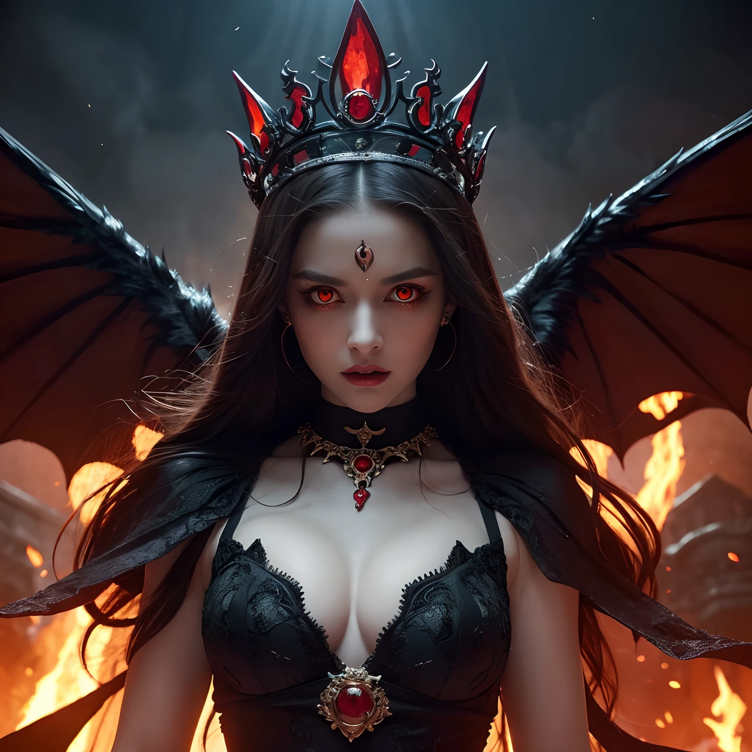 Evil and beautiful queen, Viewpoint looking up from the bottom,Medieval dresses,Recreate the perfect details of the most terrifying demons,(Her glowing red eyes:1.3),(Fiery red glowing eyes:1.2),(Bright red eyes:1.2),(Her eyes glow red:1.2),a lot of blood on the face,,Creepy and ugly demon horns grow,Realistic horn hairline,Giant demon wings unimaginably terrifying,Horns that glow like lava,Wings that glow like lava,She shines like lava,(Perfectly recreate the details of the hopelessly terrifying demon:1.3)Extremely complex demon wings,Gorgeous dresses to the finest,The background has a terrifying hellish atmosphere,Detailed backgrounds,Exterior of a medieval European castle in the background,Perfect gas chamber,Devil black dress with intricate decorations,Intricate tiara,Dresses in black tones, large full breasts,Evil decoration, Chest that seems to burst,ruby decoration, Artistic Design Choker, Evil pattern decoration,Shining crown, Finest necklaces, Dresses with a narrow waist,A dress that tightens the waist,A detailed face, Highest Quality, 8K, SLR Camera Photography,Award-Winning Works,Six-pointed star curse seal on the chest