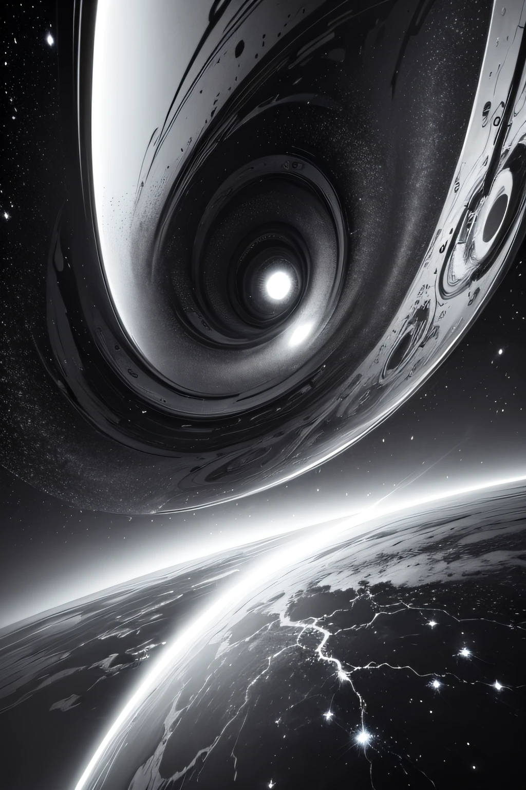Masterpiece, space vortex, black and white, super detailed, best quality, landscape, universe, chaotic energy