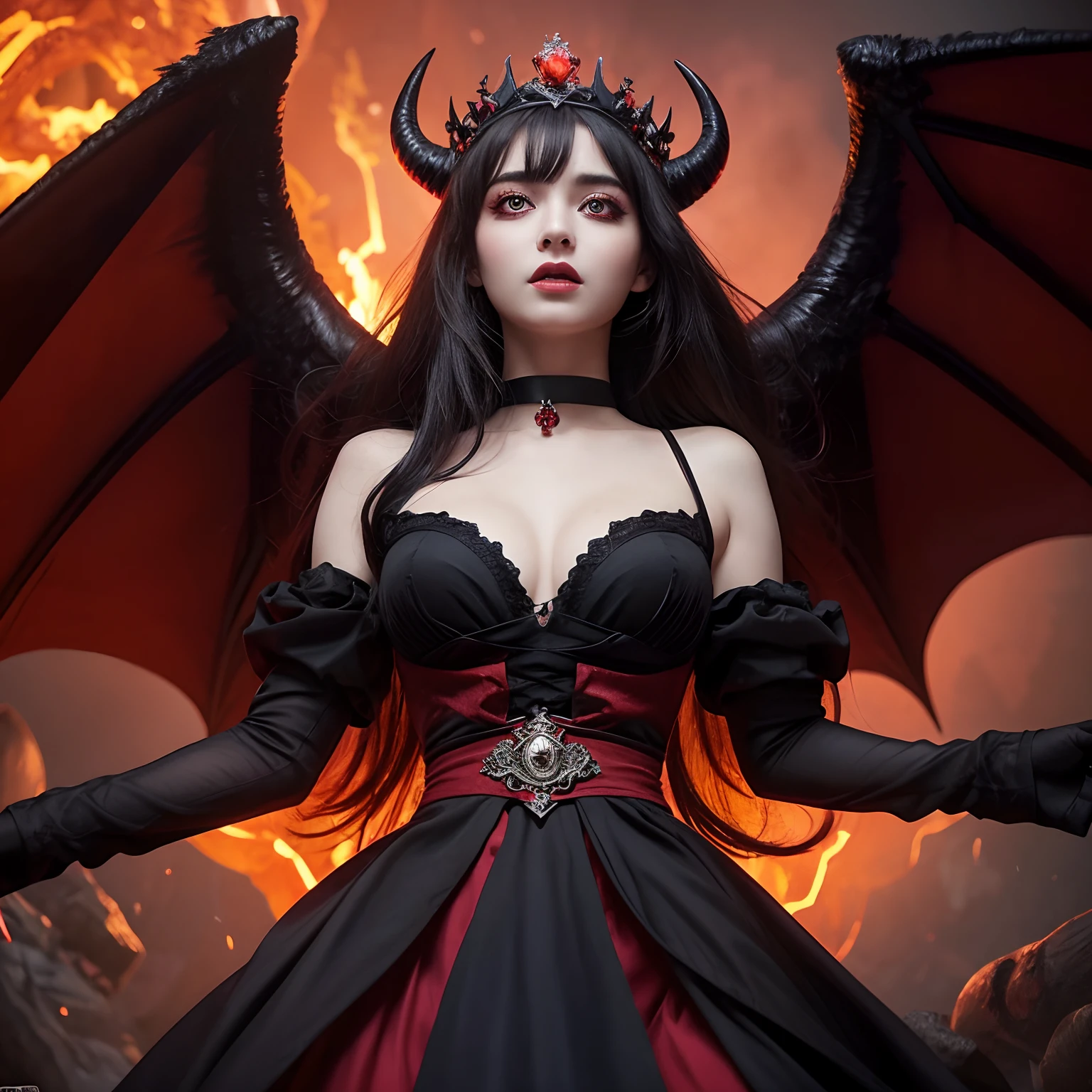 Evil and beautiful queen, Viewpoint looking up from the bottom,Medieval dresses,Recreate the perfect details of the most terrifying demons,(Her glowing red eyes:1.3),(Fiery red glowing eyes:1.2),(Bright red eyes:1.2),(Her eyes glow red:1.2),a lot of blood on the face,,Creepy and ugly demon horns grow,Realistic horn hairline,Giant demon wings unimaginably terrifying,Horns that glow like lava,Wings that glow like lava,She shines like lava,(Perfectly recreate the details of the hopelessly terrifying demon:1.3)Extremely complex demon wings,Gorgeous dresses to the finest,The background has a terrifying hellish atmosphere,Detailed backgrounds,Exterior of a medieval European castle in the background,Perfect gas chamber,Devil black dress with intricate decorations,Intricate tiara,Dresses in black tones, large full breasts,Evil decoration, Chest that seems to burst,ruby decoration, Artistic Design Choker, Evil pattern decoration,Shining crown, Finest necklaces, Dresses with a narrow waist,A dress that tightens the waist,A detailed face, Highest Quality, 8K, SLR Camera Photography,Award-Winning Works,Six-pointed star curse seal on the chest
