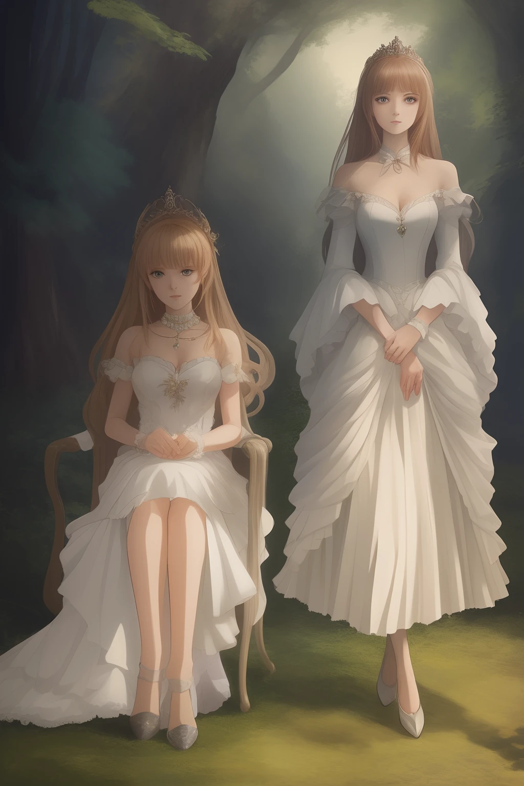 A extremely normal looking  girl sitting back to back with a extravagant looking princess in an anime art style