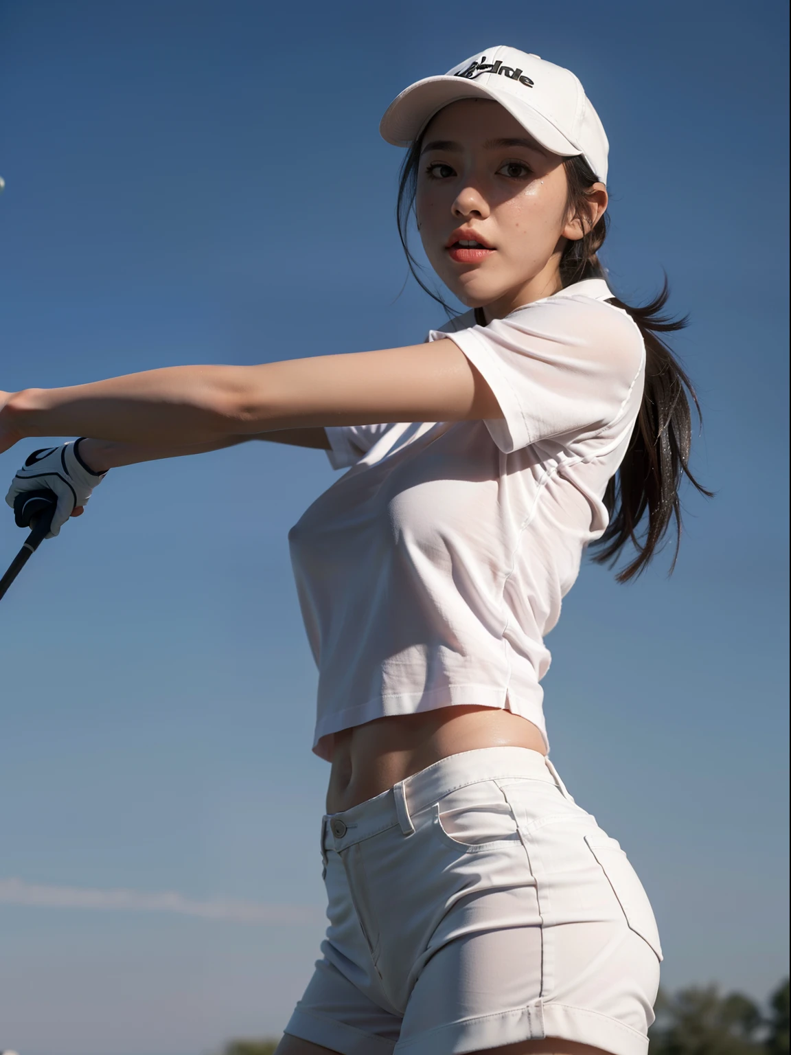 1girl solo, beautiful, (8K, Raw photo, Best Quality:1.2), (Realistic, Photorealsitic:1.37), Ultra-detailed, professional golf player, pale white skin, shiny skin, wet skin, pony tail hair, big boobs, deep cleavage, nipple poke, booty, deep camel toe, long legs, soaked pink tight polo shirt,  white mini layered skirt, G string thong, white sneakers, (Detailed beautiful face), (Detailed realistic skin), concentrating, confident, playing golf game, close up on upper body, portrait, 
(8K, Best Quality, masutepiece:1.2), ( Photorealsitic:1.37), Ultra-detailed,Best Quality, 超A high resolution, Professional Lighting,Physically-based rendering, Cinematic lighting,dynamic shot, Golf Competition Venue,depth of fields, Sharp Focus,