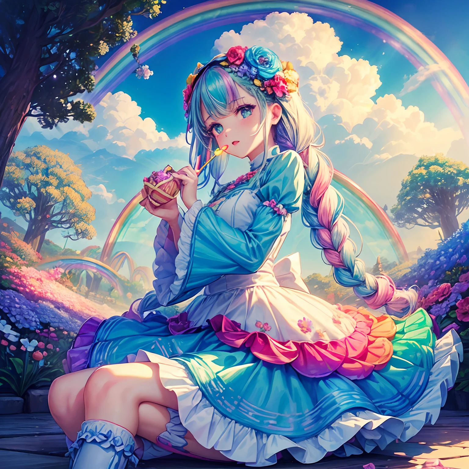 1girl in,Solo,flower hair ornaments,{{Turquoise dress}}, Gray Shadow Dress,Wide sleeves,Floral Print Sleeve,Gothic ta,White skirt,frilld,layered skirts,White sleeves,(braided boots),Full body,(Wonderland, Fantasy,:1.3),(rainbow,flower tree,sweets Clouds:1.5),(Yumekawa,yumekawaii,pastel color:1.3),(sweets garden:1.3),(land of sweets,confections),(Sugar confectionery,round rainbow frame:1.3),bloom,Blue sky,Best Quality,