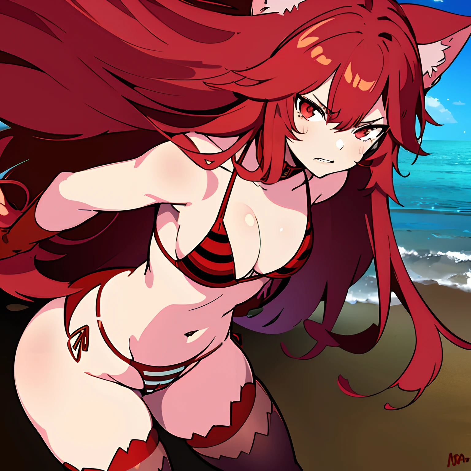(highres,realistic),red haired girl with medium length hair,red eyes,cat ears,brown colored bikini,beautiful detailed eyes,detailed lips, angry expression, ocean shore, wearing red and black striped thigh highs.
