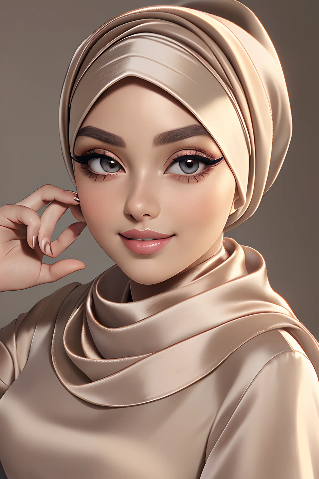 (Masterpiece, realistic, best quality, best lighting, 1 girl photo solo, beautifully makeup, eyeshadow, Parted Lips, Detailed Eyes, beautiful big eyes, long eye lashes, smile, wearing ((Taupe satin headscarf)), loosely tide hijab style, ((Taupe satin shirt)), satin long pants, sleeping on a bed