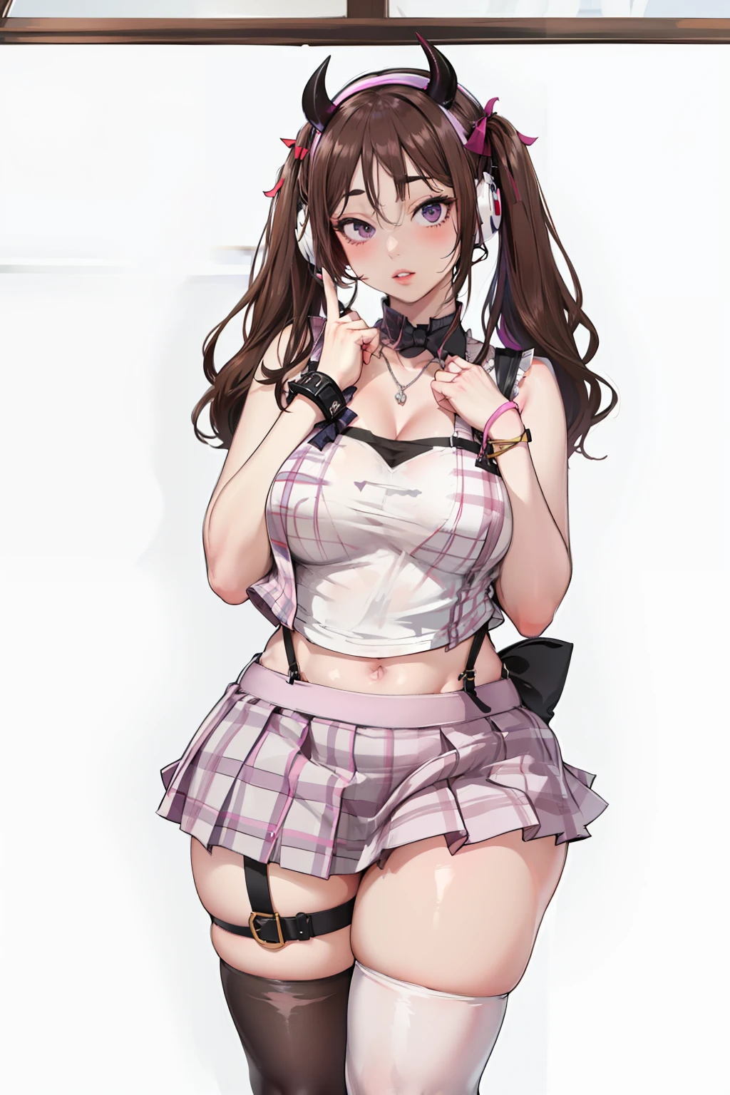 masterpiece, best quality, highres, chromic aberration, light purple eyes, wide hips, thick thighs, sleeveless, midriff, light brown hair, cleavage, long hair, twin tails, asymmetrical bangs, streaky hair, pink shirt, black thighhighs, micro skirt, seductive pose, plaid skirt, ribbon, huge breasts, bowtie, indoors, cowboy shot, garter belt, realistic, thick lips, looking at viewer, thick thighs, jirai kei, window, plant, headphones, (succubus horns), necklaces, ear piercings, bracelets