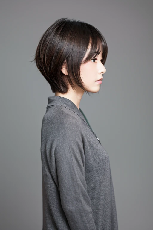 japanes girl with The upper part of the body profile short-hair Gray background