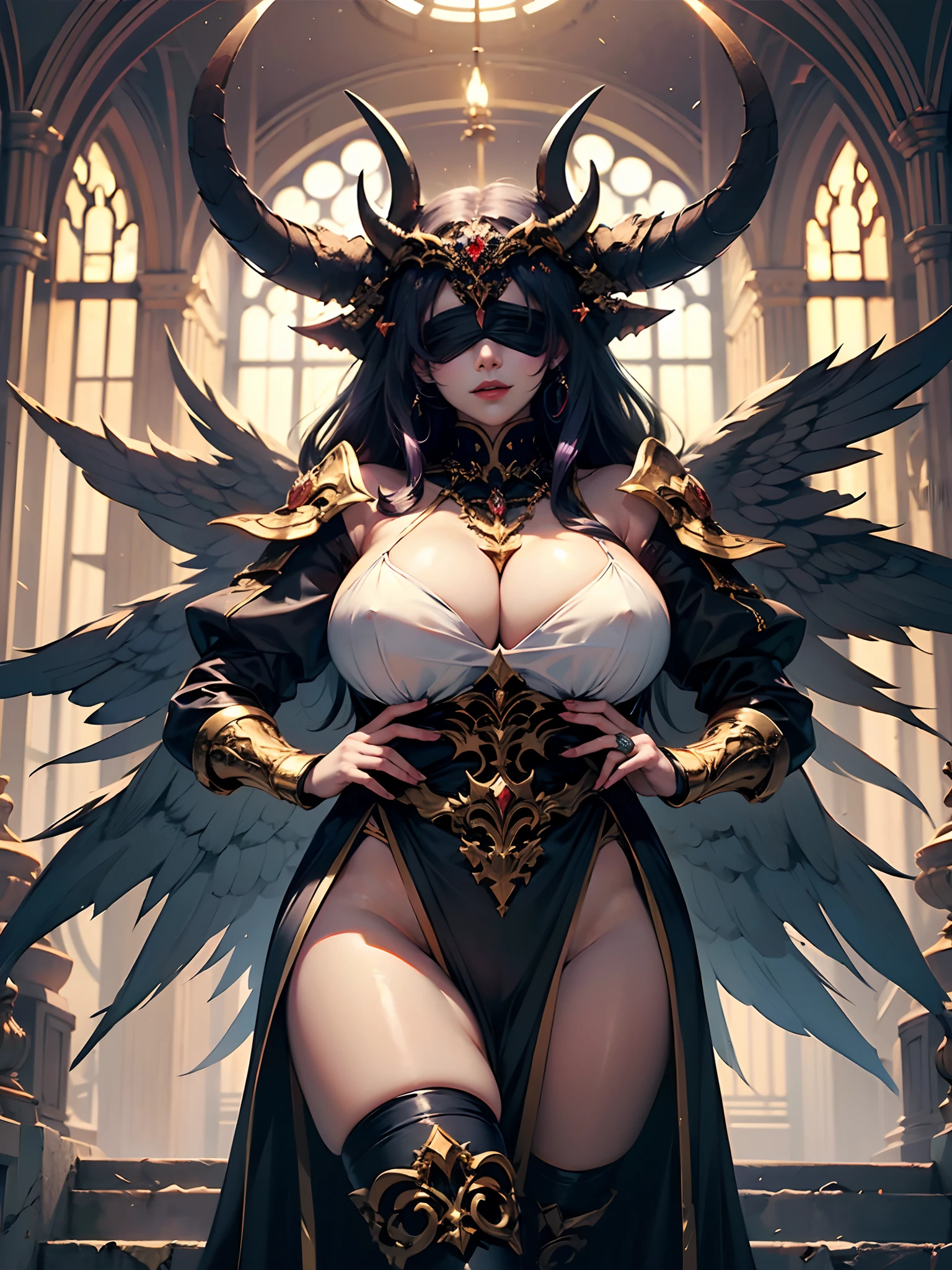 1girl, cowboy shot of a beautiful woman in the most intricate empress of darkness gown, very pale skin, (black blindfold : 1.6), evil smile, (jet-black-purple hair, long-curly hairstyle, huge draconic horns : 1.5), (2 pairs of large fallen angel wings : 1.6), ((heavy breasts, wide waist and huge buttocks, thigh gap)), looking at viewer, golden-light heavenly palace, (dim lighting), masterpiece, best quality, 8k