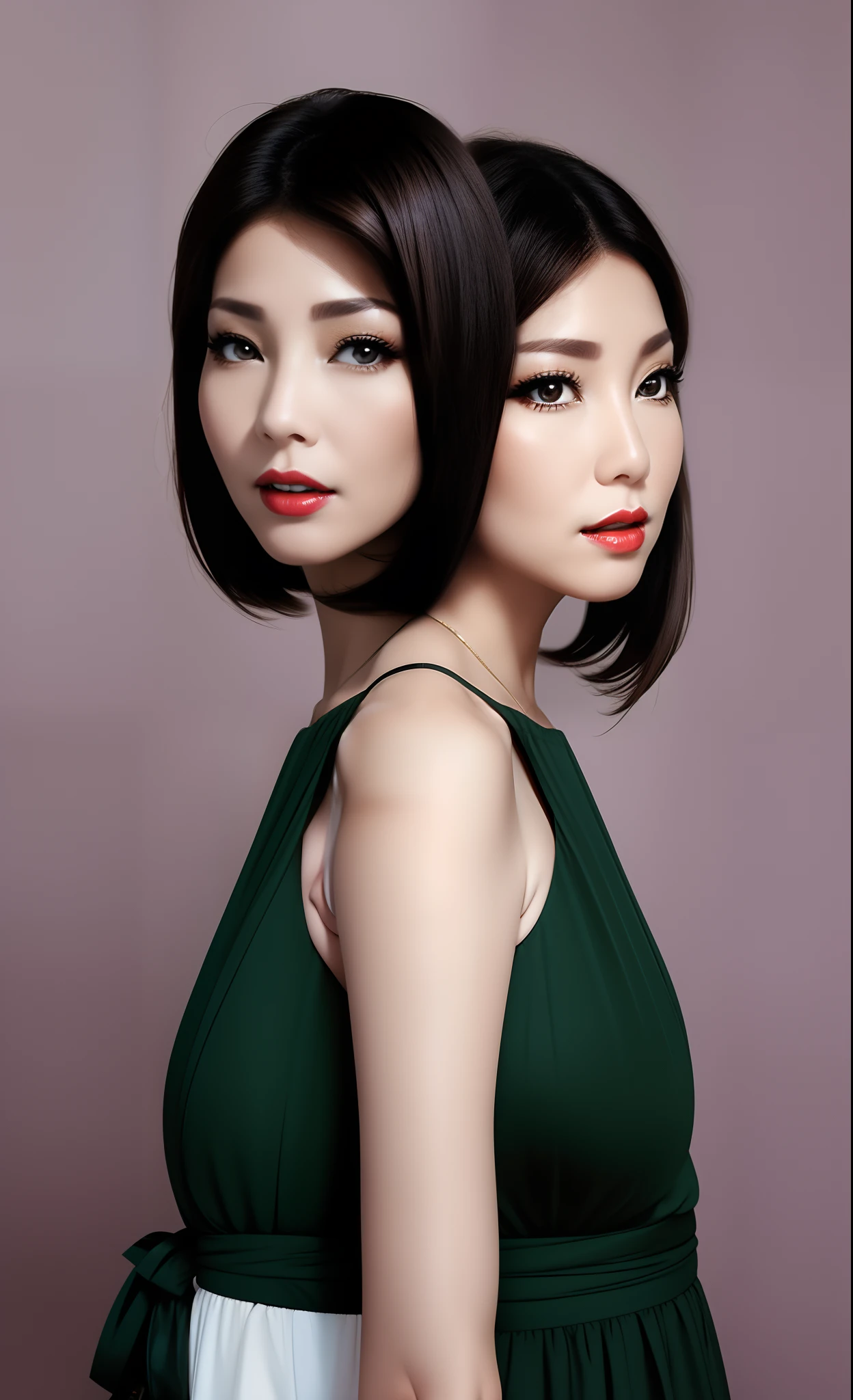 2 heads,Photo of a 50-year-old woman with brown hair, a captivating gaze, Brown eyes, Wrinkles on her face, Black pantyhose,Black High Heel Boots,She wears very sexy lingerie underwear、、Revealing her large sagging breasts, Light makeup and red lips. 32K