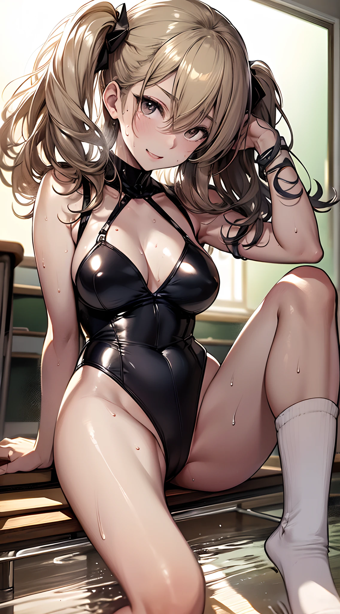 top-quality、supreme1People Girls,hightquality,A detailed face、A detailed eye、Detailed nose、Detailed mouth、 Beautiful expression, ((masuter piece)), ((High resolution)), ((Best Quality)), detail, (cum faced、Excited face.Very happy,), ((Skin shiny with sweat)), (Leotard:1.6、Loose socks)、 girl with, a blond, (Half Twin Tail)、sit down and open legs:1.3、fair white skin:1.3、、Smaller chest, cinmatic lighting, perfectly shaded,(((Classroom))), Realistic lighting with shades,Reflecting the whole body