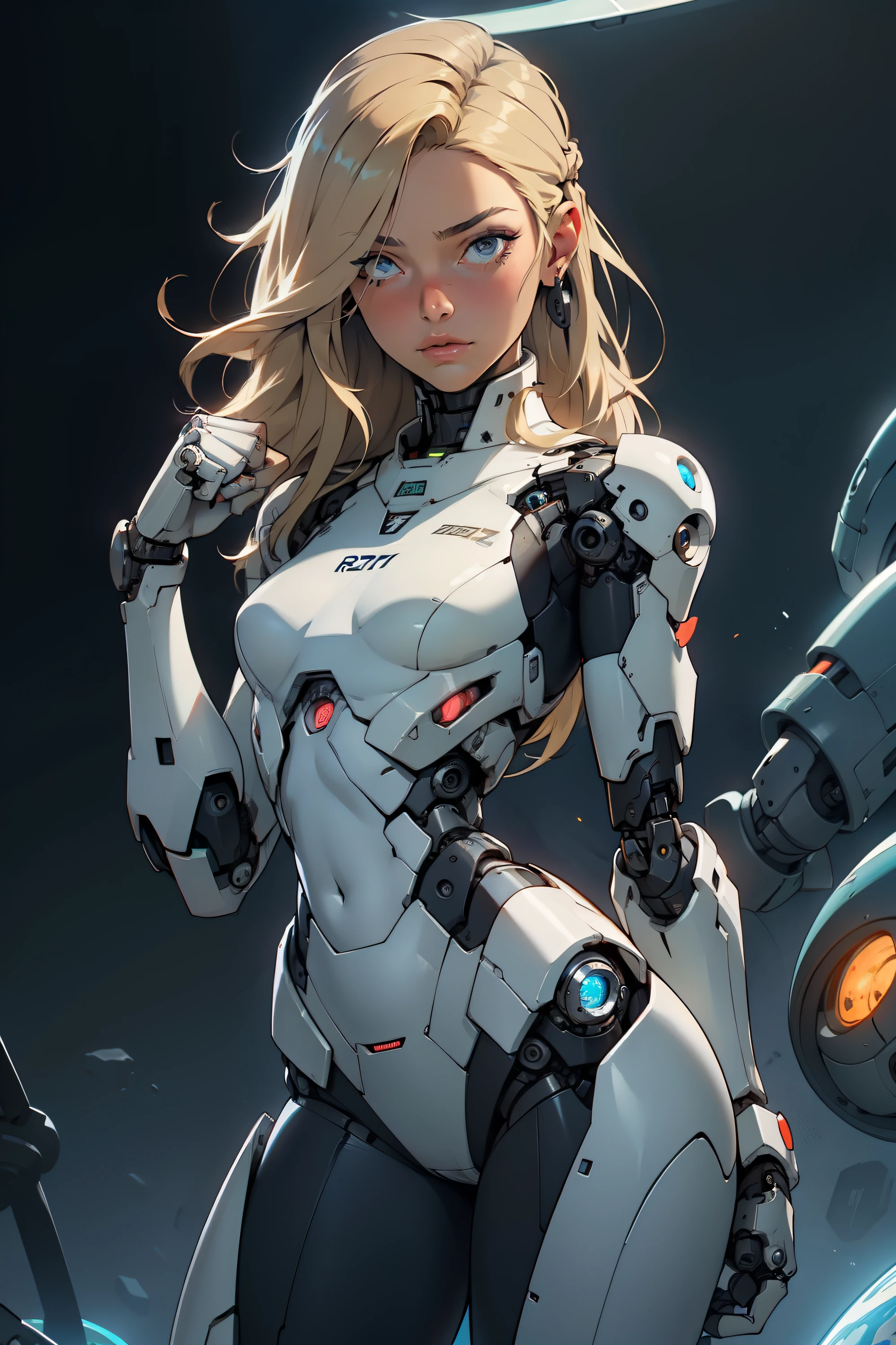 high quality, 4k, masterpiece, beautiful, cyborg girl, cowboy shot, dull eyes, looking at viewer, long blonde hair, girl, small breasts, fit thigh, robotic arms, robotic body, cyborg body, intricate detail, joint, detailed lines, robotic detail, holding fist up, holding hand up as fist, color robotic parts, robotic parts with color, perfect fingers, on a strange planet