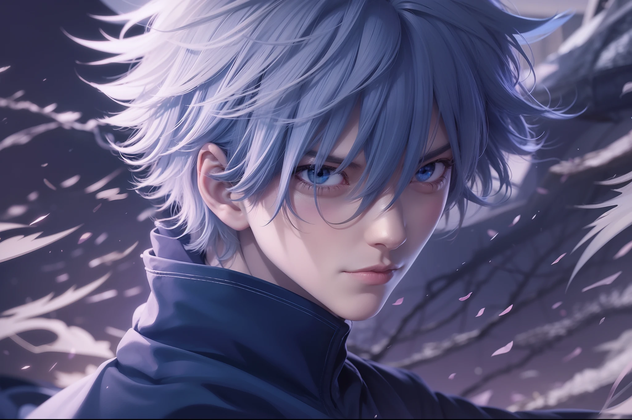 1male, goju Satoru, anime style, dark blue clothes, dark blue blindfold, white hairs, epic background, 8K resolution, extremely detailed, best quality, masterpiece collection, Japanese anime, Gege Akutami