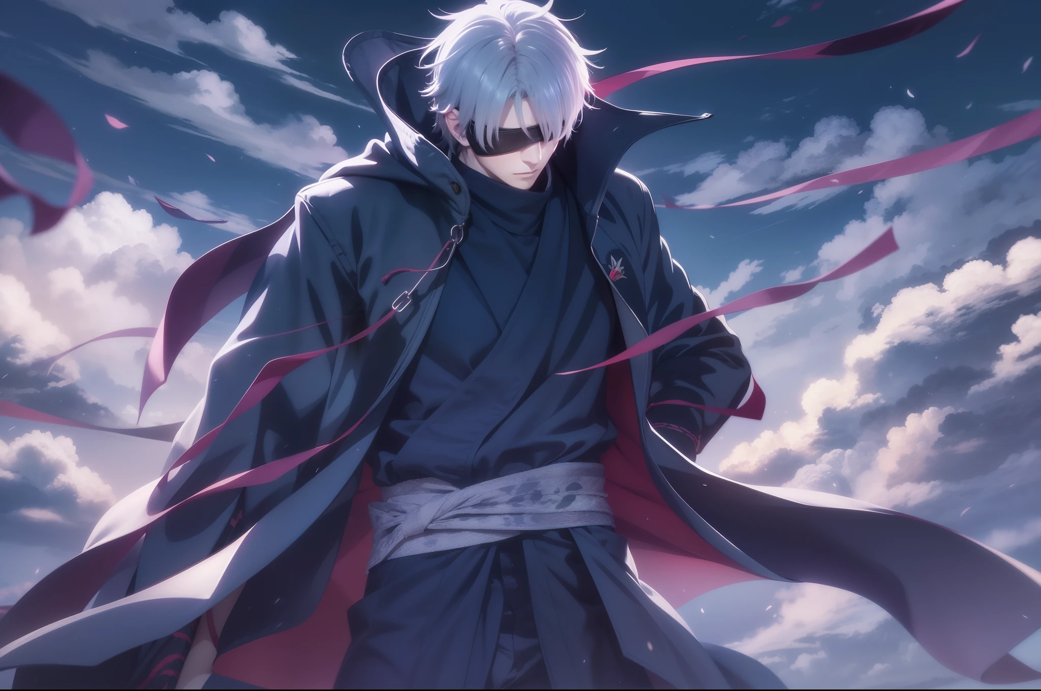 1male, goju Satoru, anime style, dark blue clothes, dark blue blindfold, white hairs, epic background, 8K resolution, extremely detailed, best quality, masterpiece collection, Japanese anime, Gege Akutami