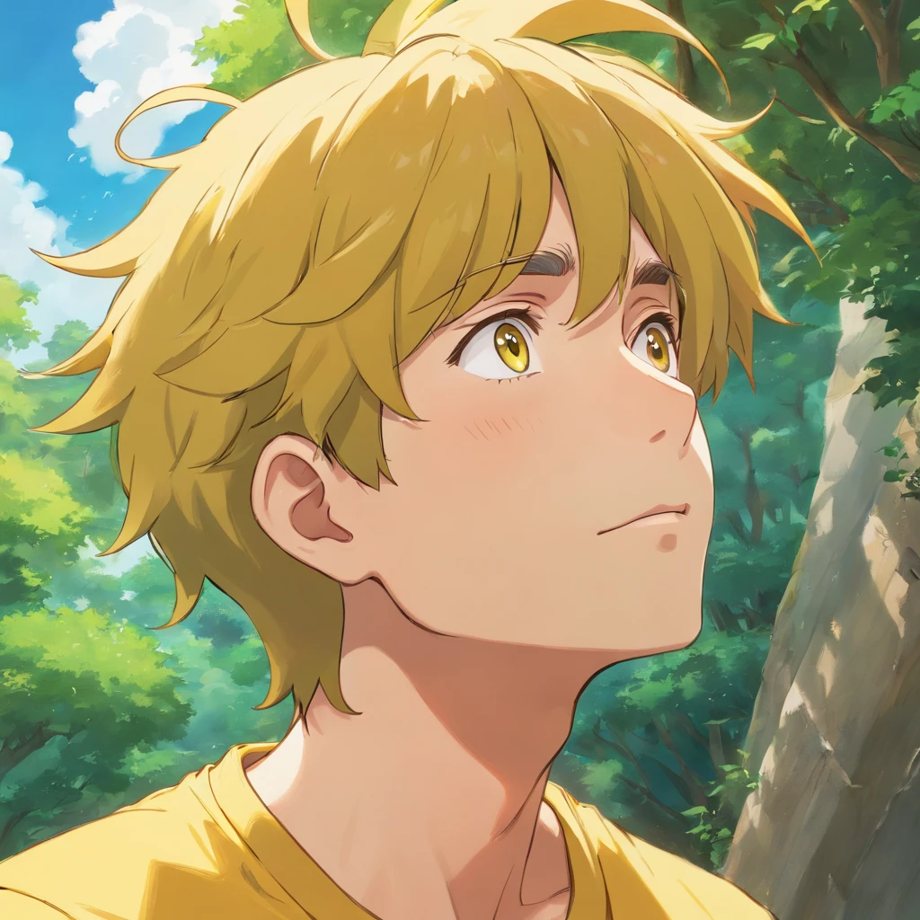 Araphedo man in yellow t-shirt looking up at the sky, ((profile)), closeup character portrait, close up character, character portrait closeup, character close-up, character close-up, character art closeup, character headshot portrait, close up of face, detailed character portrait, stylized portrait
