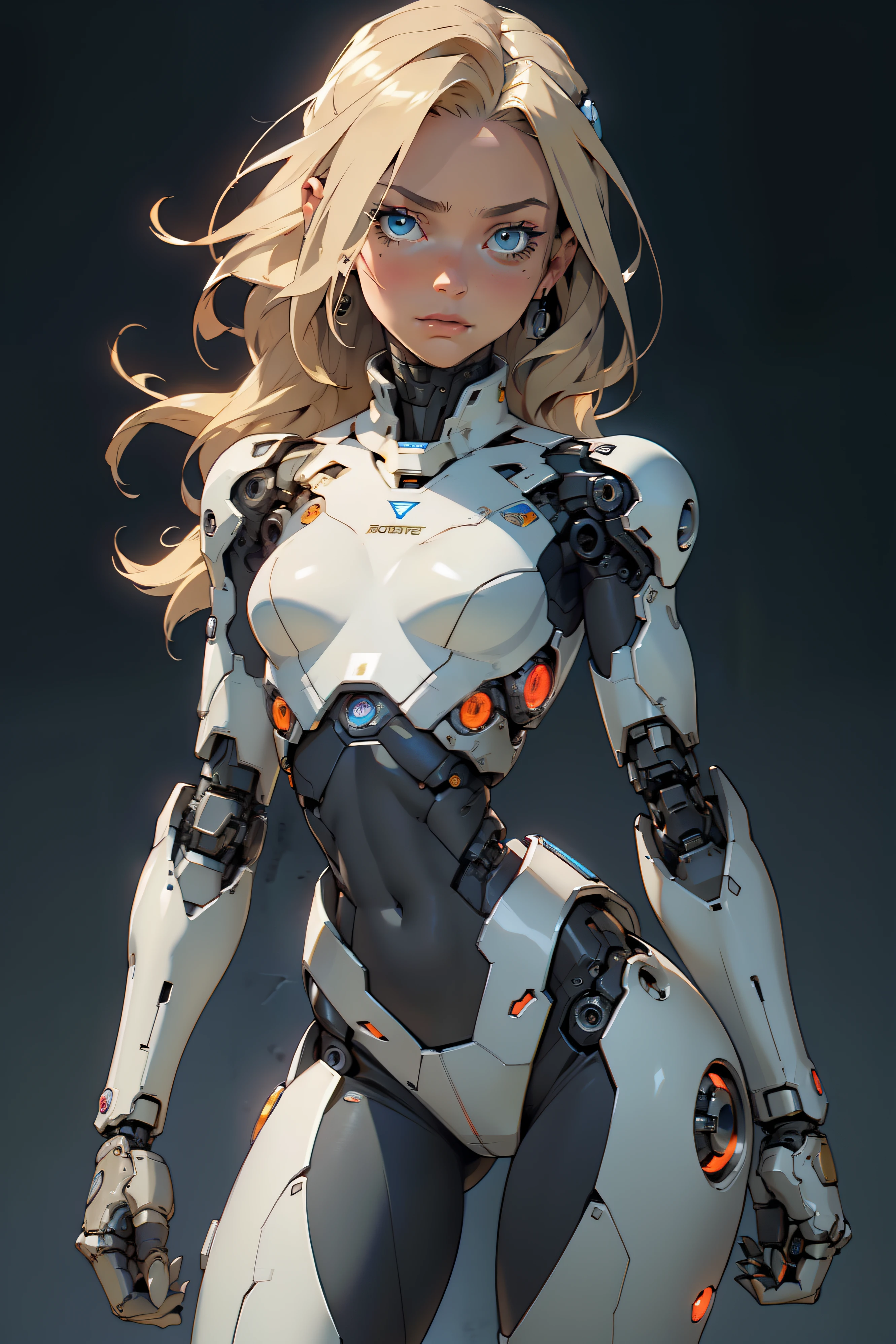 high quality, 4k, masterpiece, beautiful, cyborg girl, cowboy shot, dull eyes, looking at viewer, long blonde hair, girl, small breasts, fit thigh, robotic arms, robotic body, cyborg body, intricate detail, joint, detailed lines, robotic detail, holding fist up, holding hand up as fist, color robotic parts, robotic parts with color, perfect fingers, on a strange planet