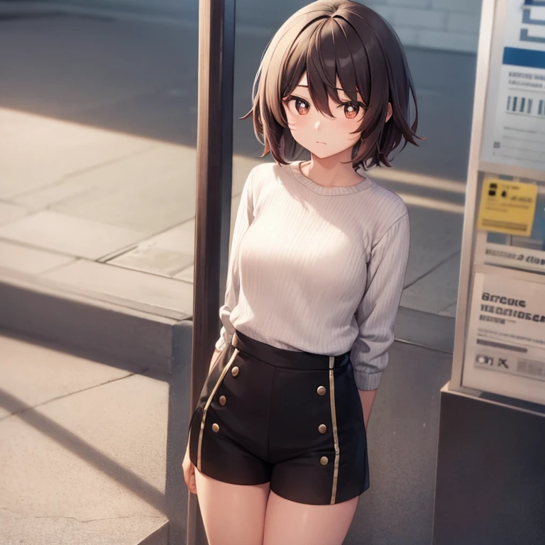 Sweater, shorts, stand, shy, short hair, sweeting
