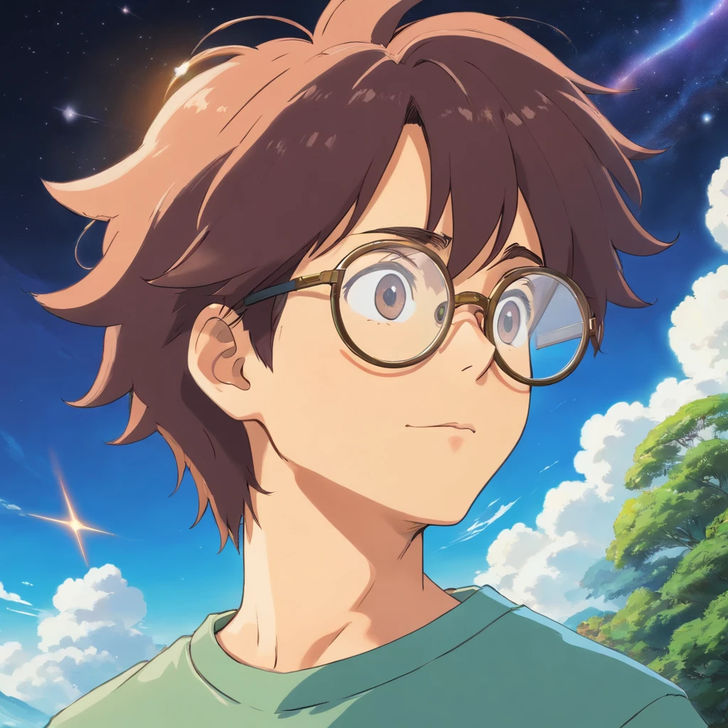 Araphedo man in t-shirt looking up at the sky, ((profile)), Round glasses, Face wearing glasses, closeup character portrait, close up character, character portrait closeup, character close-up, character close-up, character art closeup, character headshot portrait, close up of face, detailed character portrait, stylized portrait
